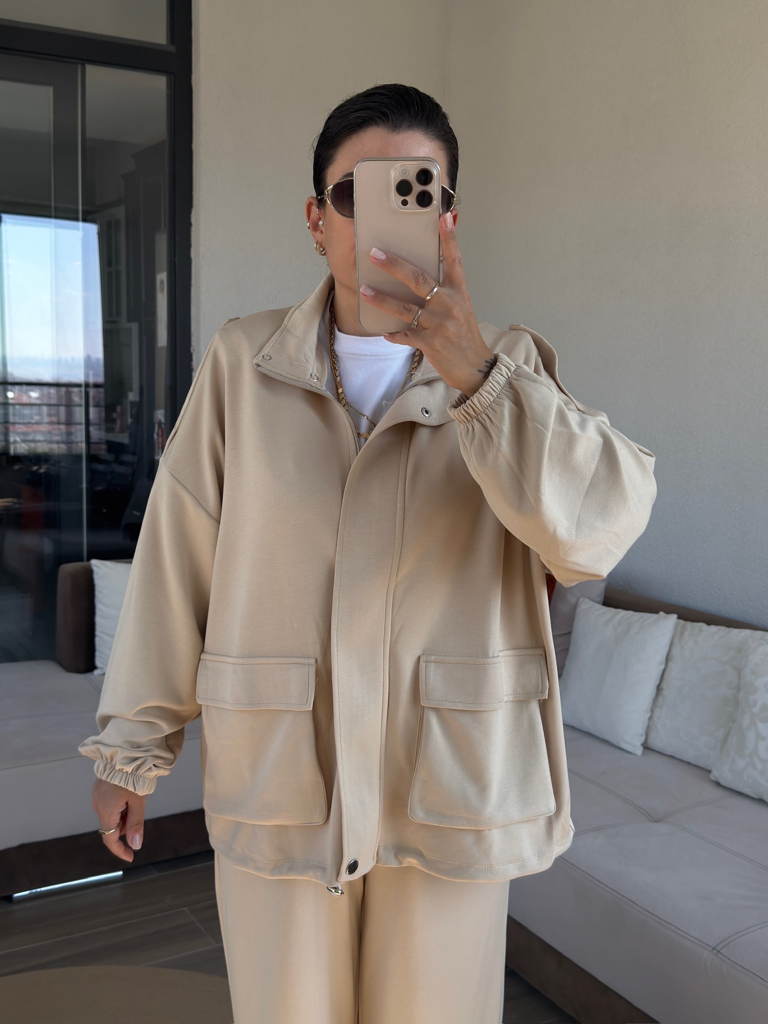 Premium Bomber Ceketli Ekru Modal Takım