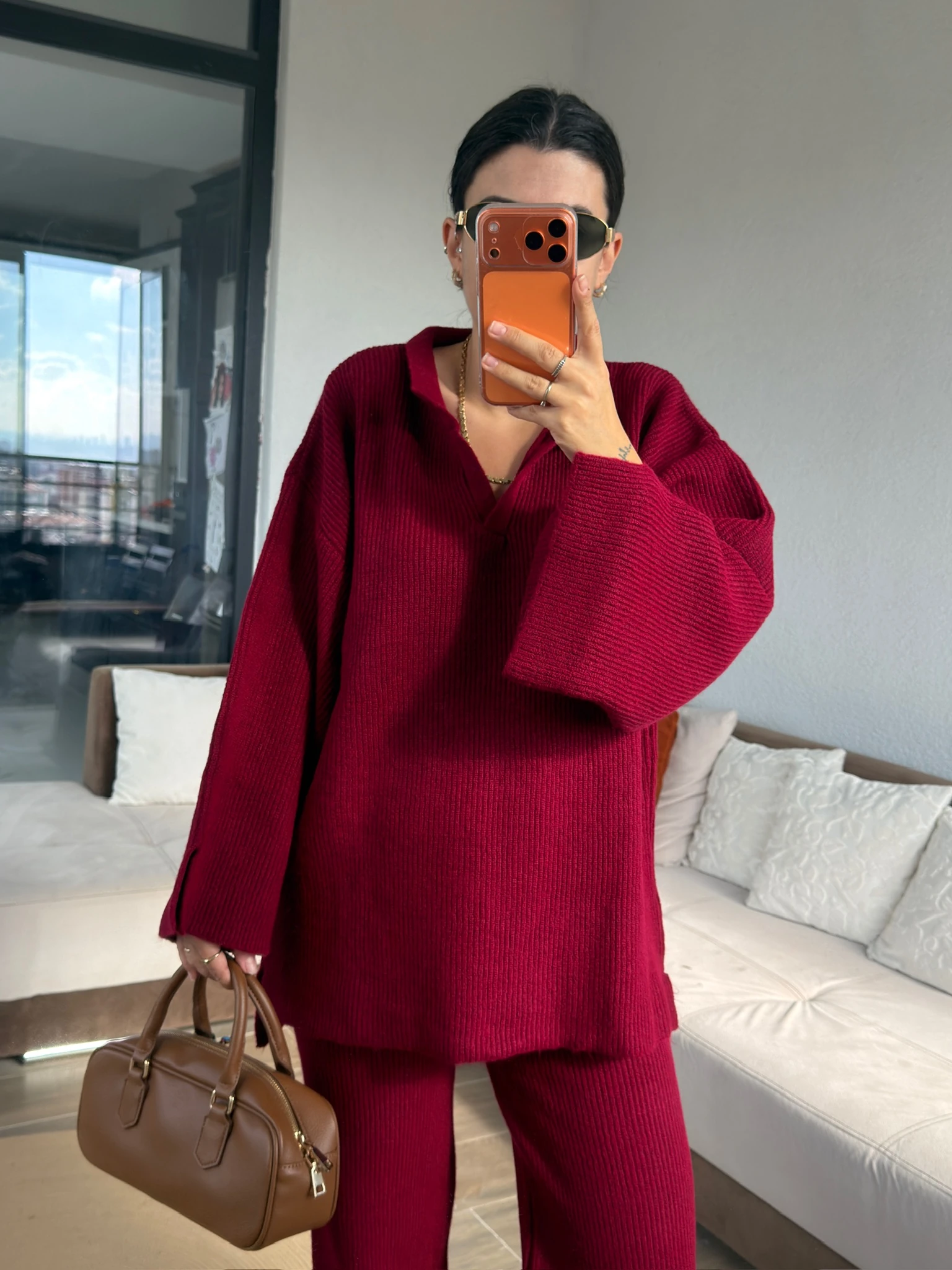 Premium V Yaka Fitilli Bordo Takım