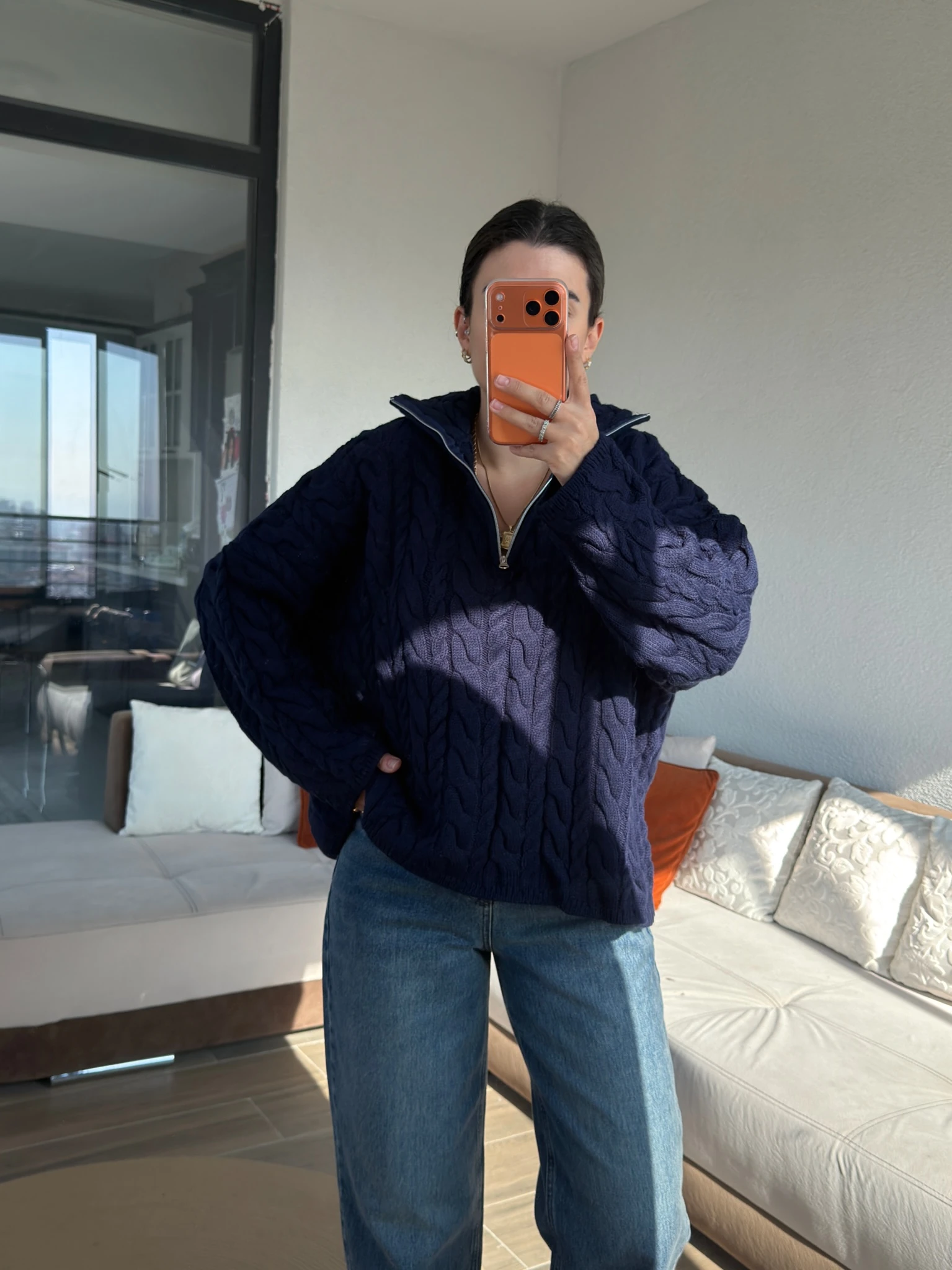 Premium Lacivert Saç Örgüsü Kazak