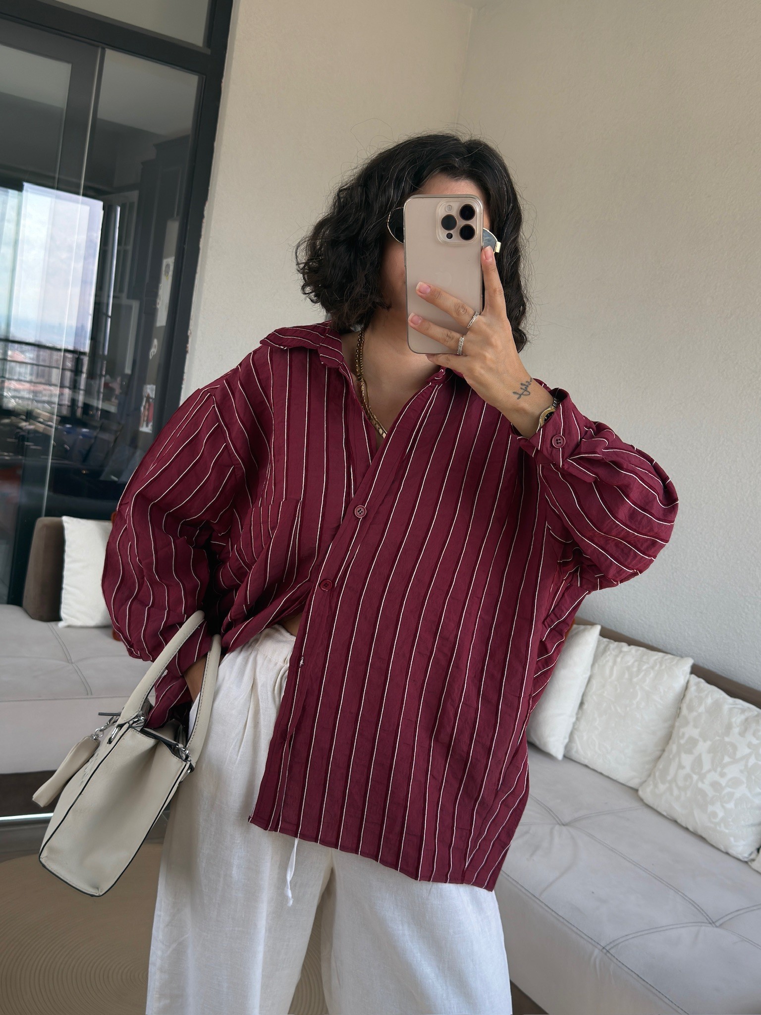 Premium Bordo Çizgili Tensel Gömlek