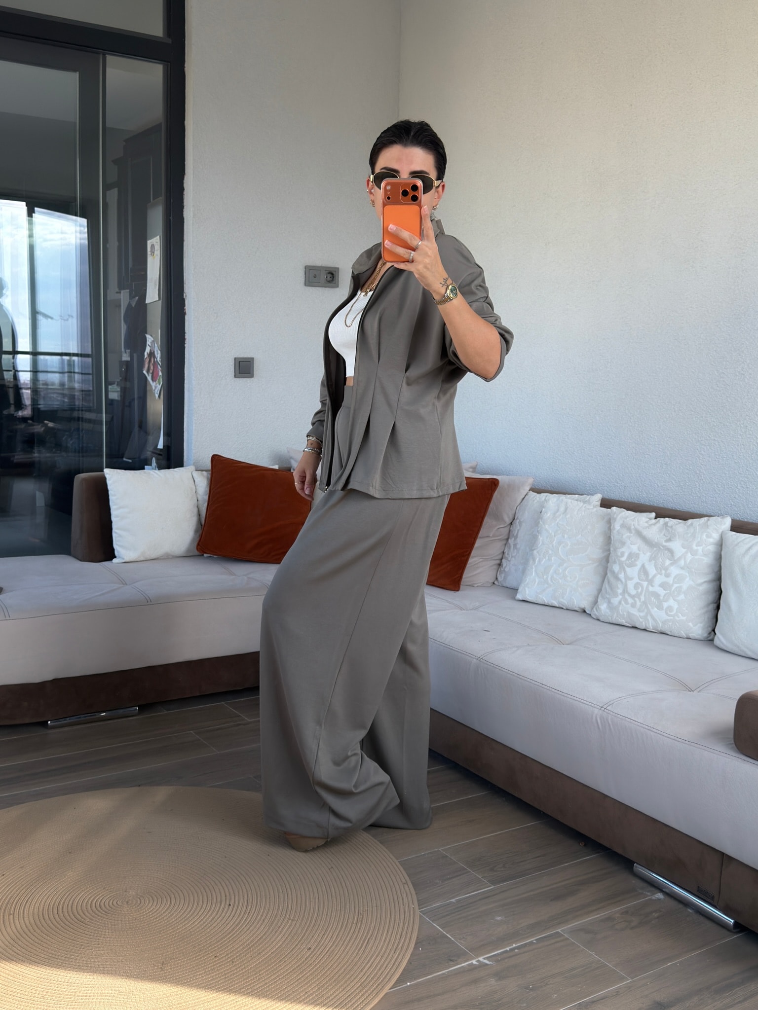 Premium Belden Pileli Haki Modal Takım