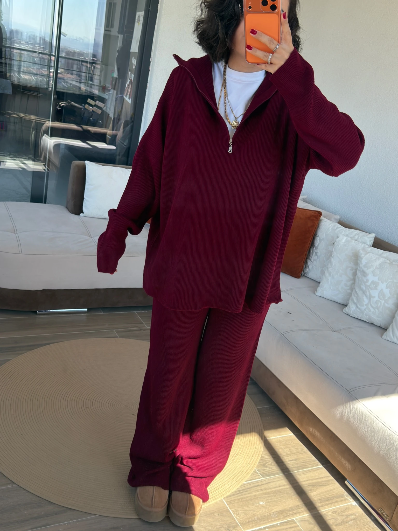 Premium Yakası Fermuarlı Bordo Triko Takım