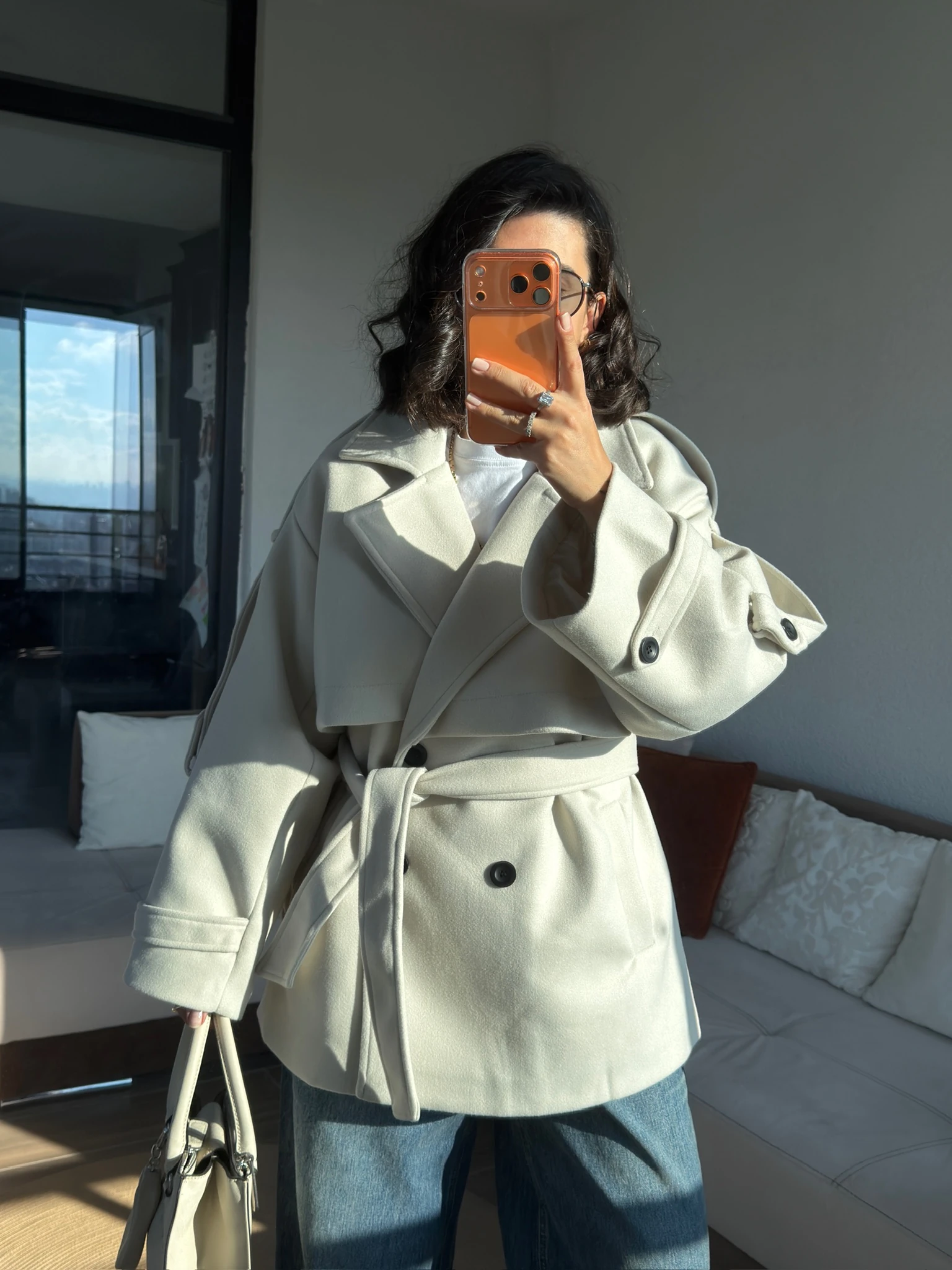 Pretium Ekru İçi Astarlı Belden Bağlamalı Kaşe Kaban