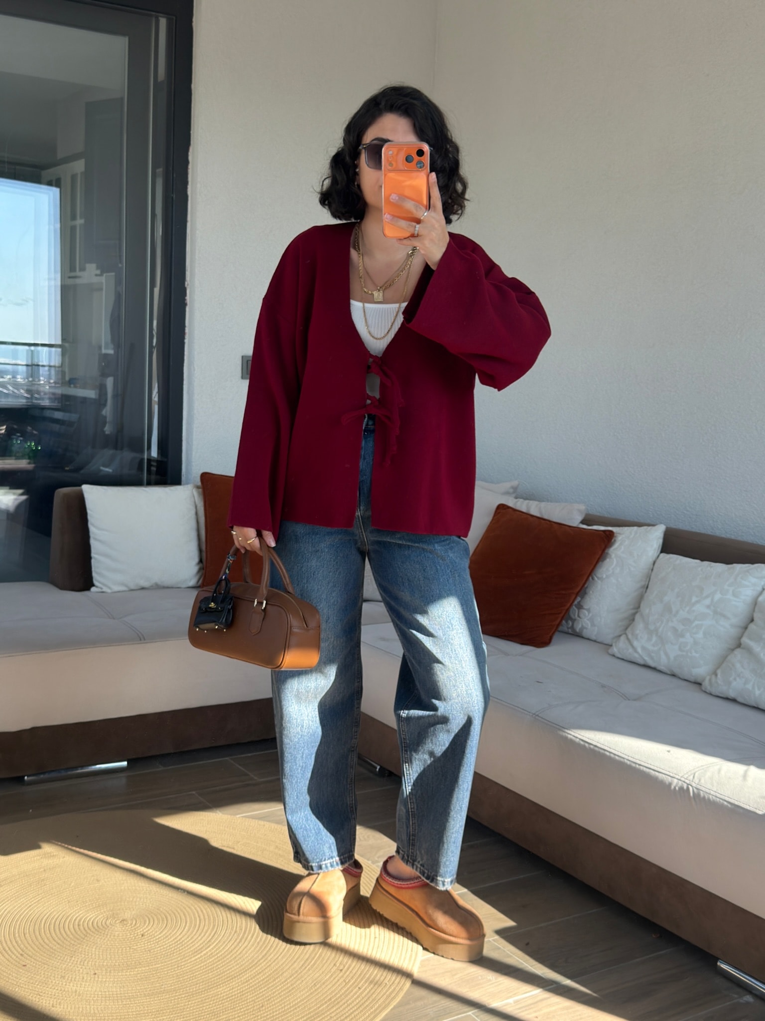 Önden Bağlamalı Bordo Triko Hırka