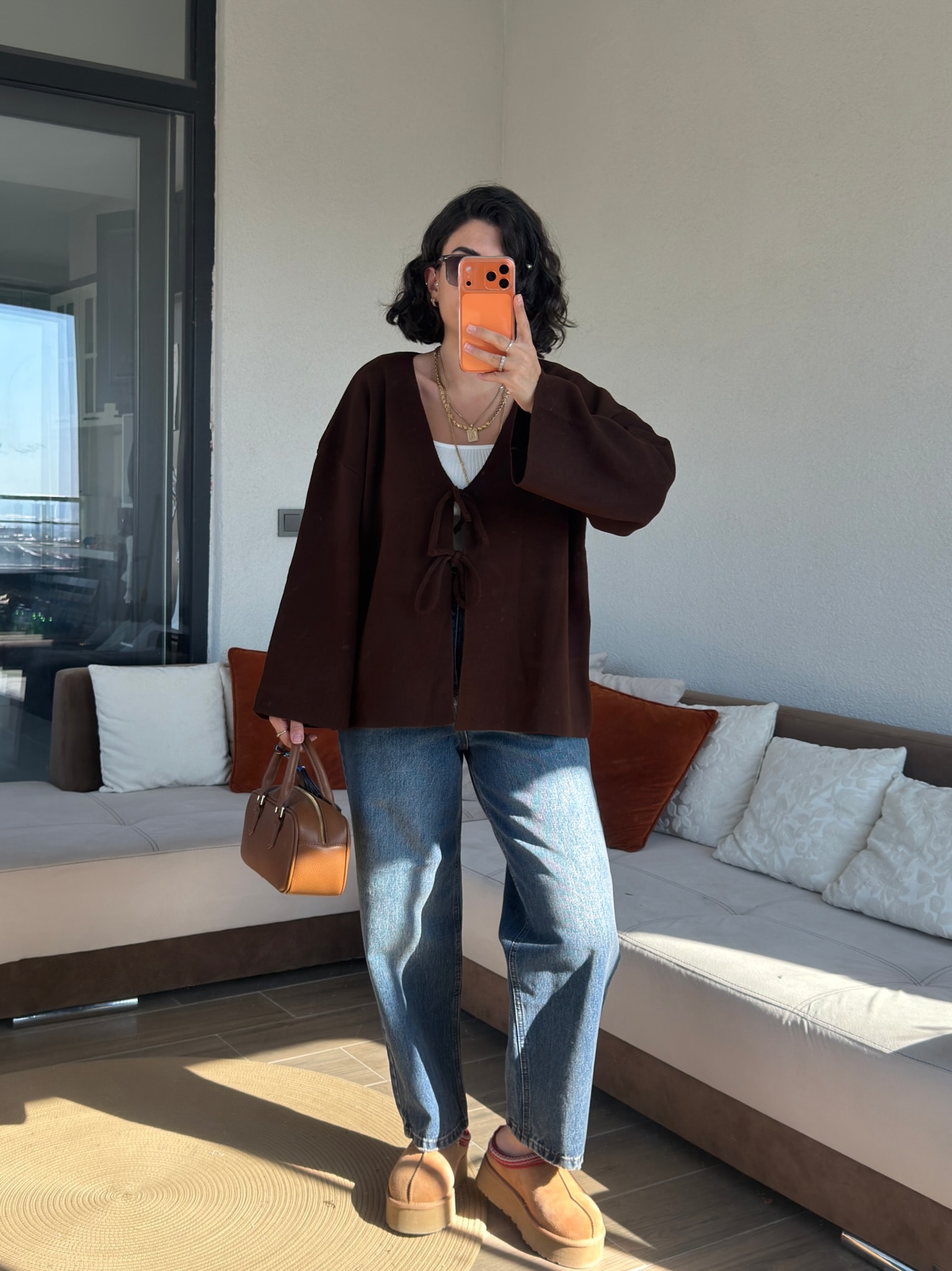 Önden Bağlamalı Acıkahve Triko Hırka