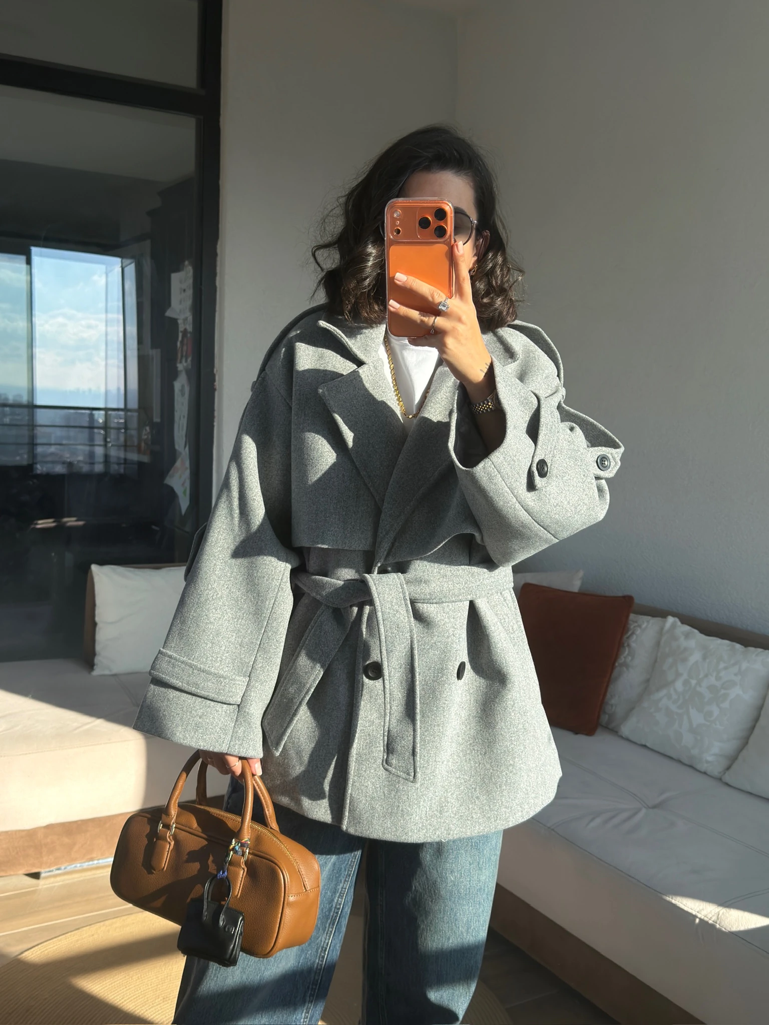 Premium Gri İçi Astarlı Belden Bağlamalı Kaşe Kaban