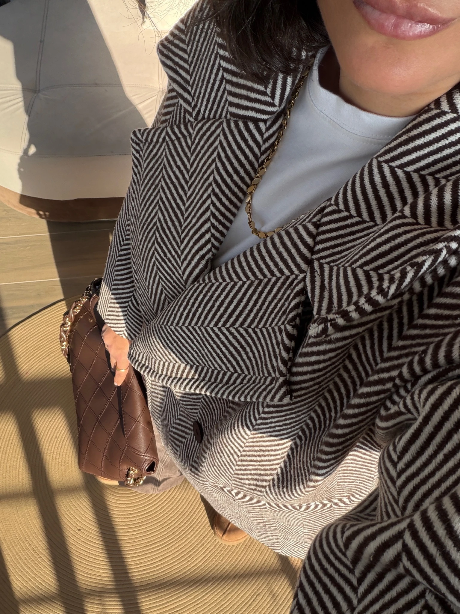 Premium Ekru-Kahve Balıksırtı İçi Astarlı Kaşe Kaban