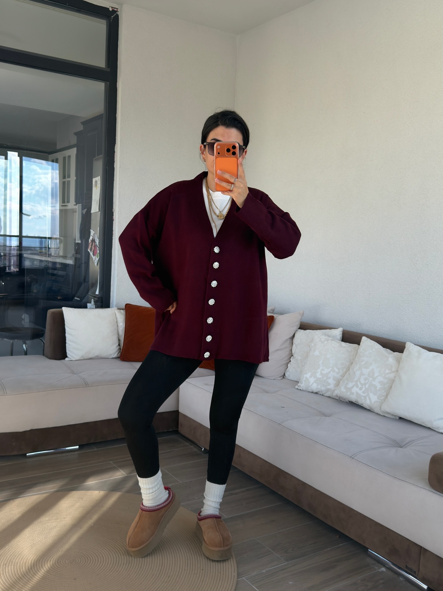 Ms Model Çiçek Düğmeli Bordo Triko Hırka