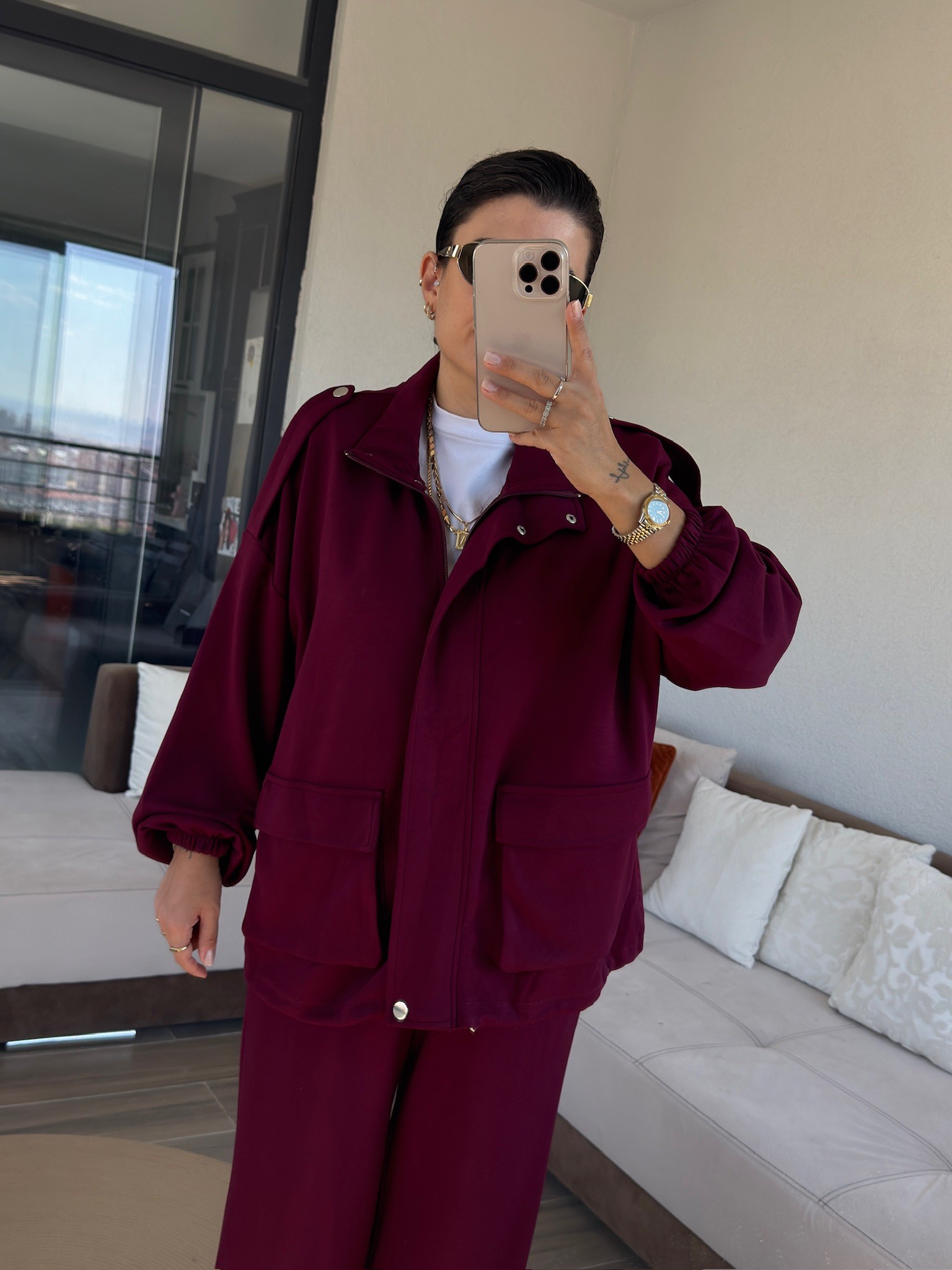 Premium Bomber Ceketli Bordo Modal Takım