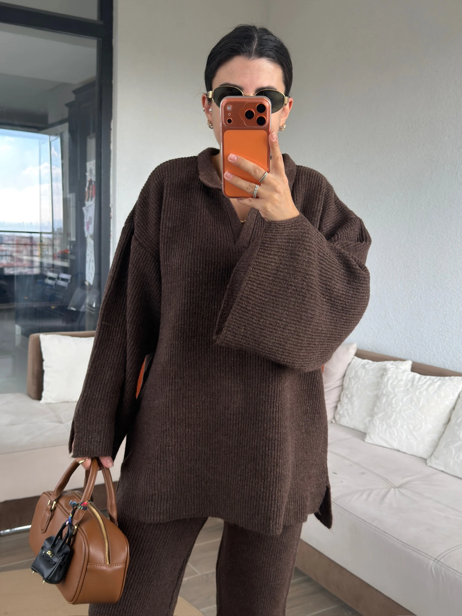 Premium V Yaka Fitilli Acıkahve Takım