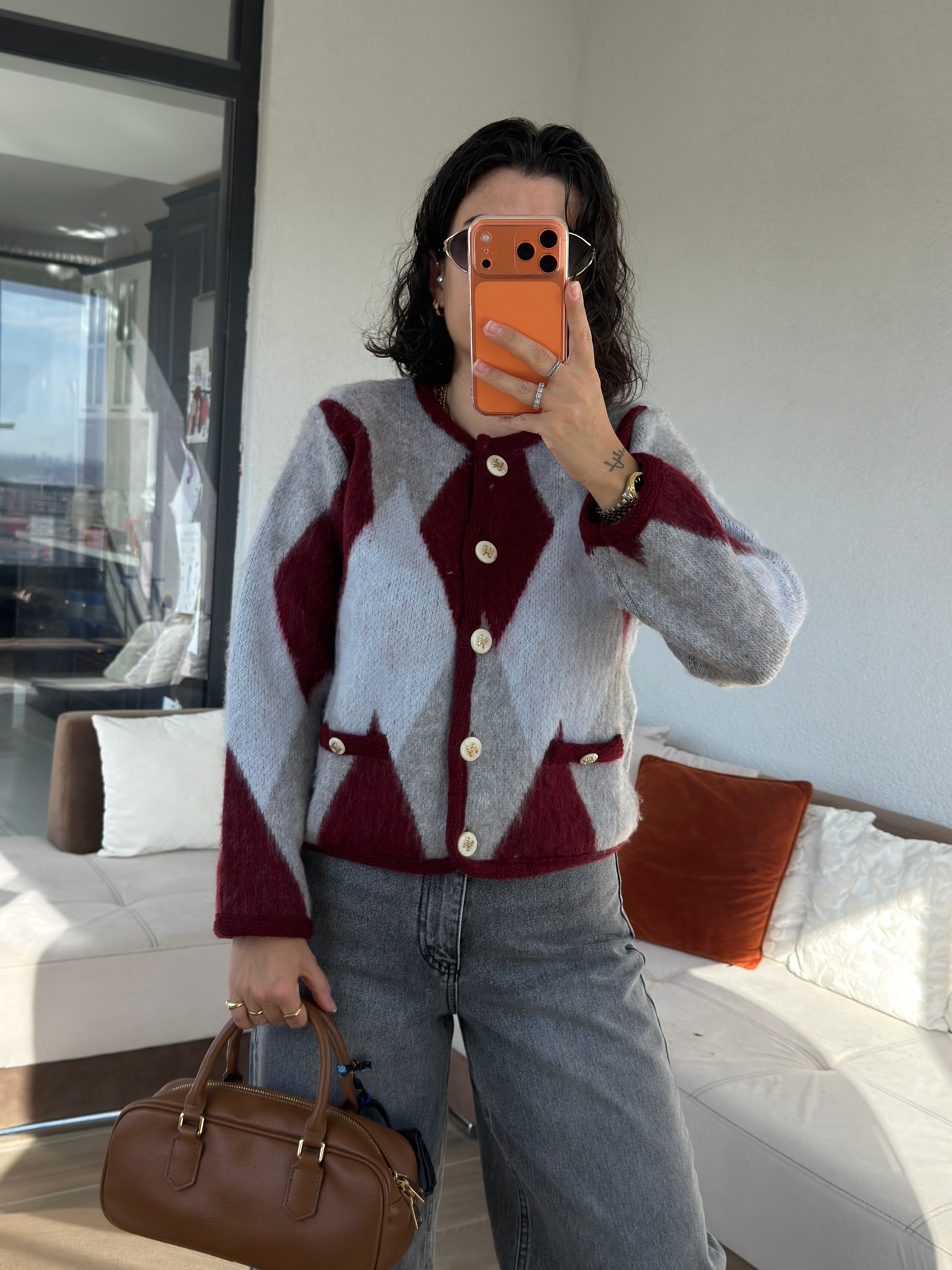 Premium Bordo Gri Baklava Hırka