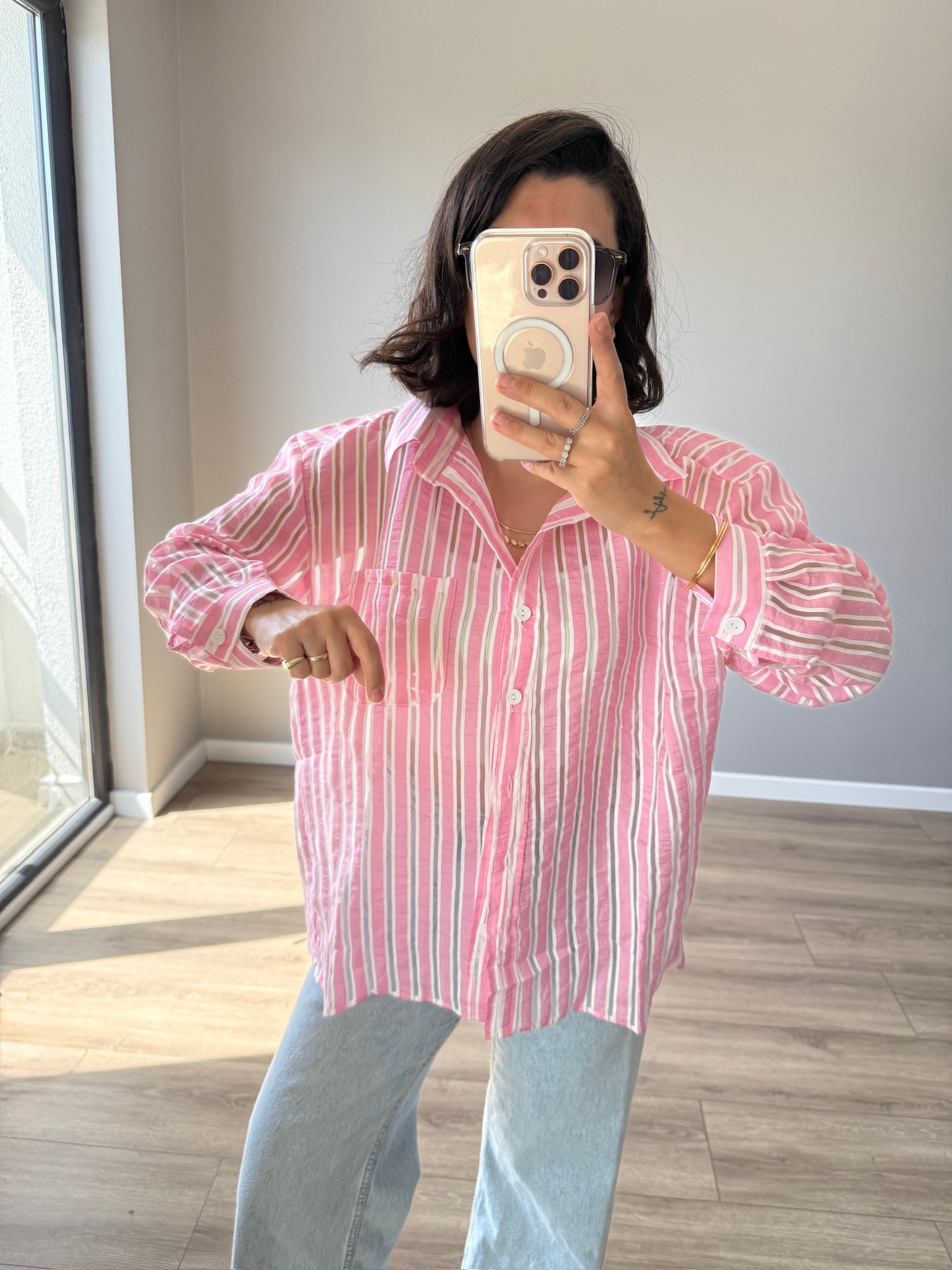Tül Detaylı Toz Pembe Çizgili Gömlek