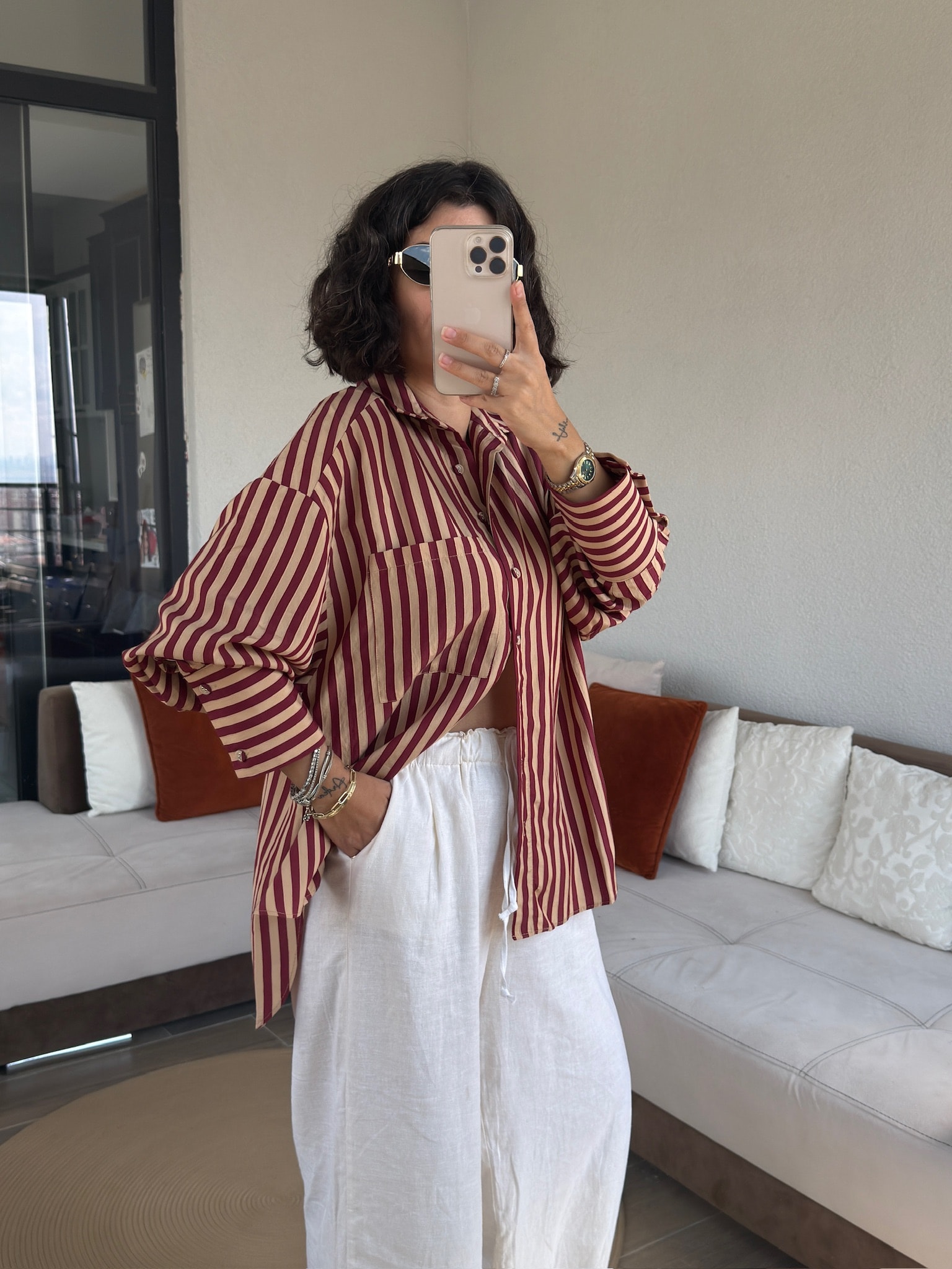 Premium Bordo-Bej Çizgili Gömlek