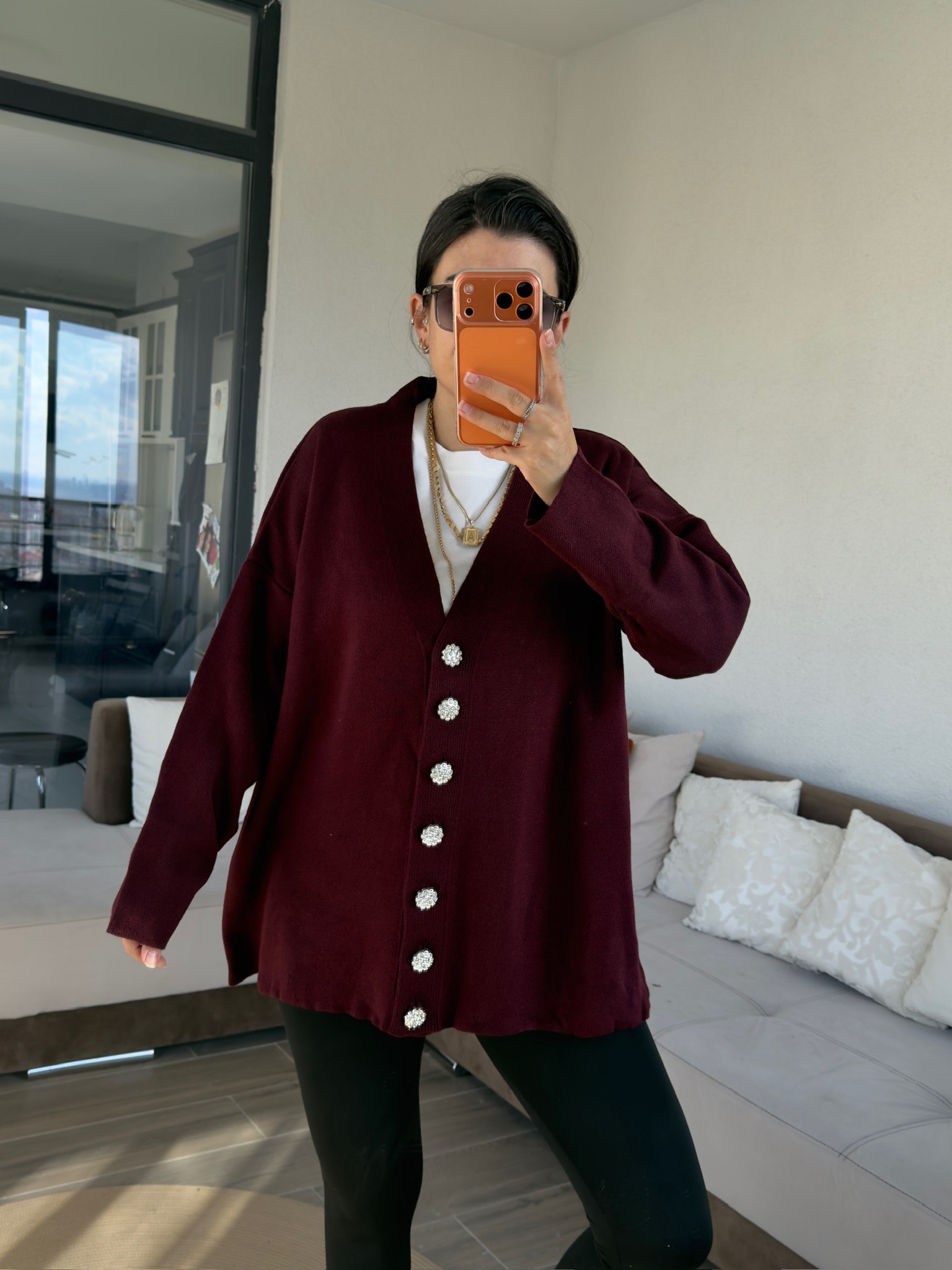 Ms Model Çiçek Düğmeli Bordo Triko Hırka