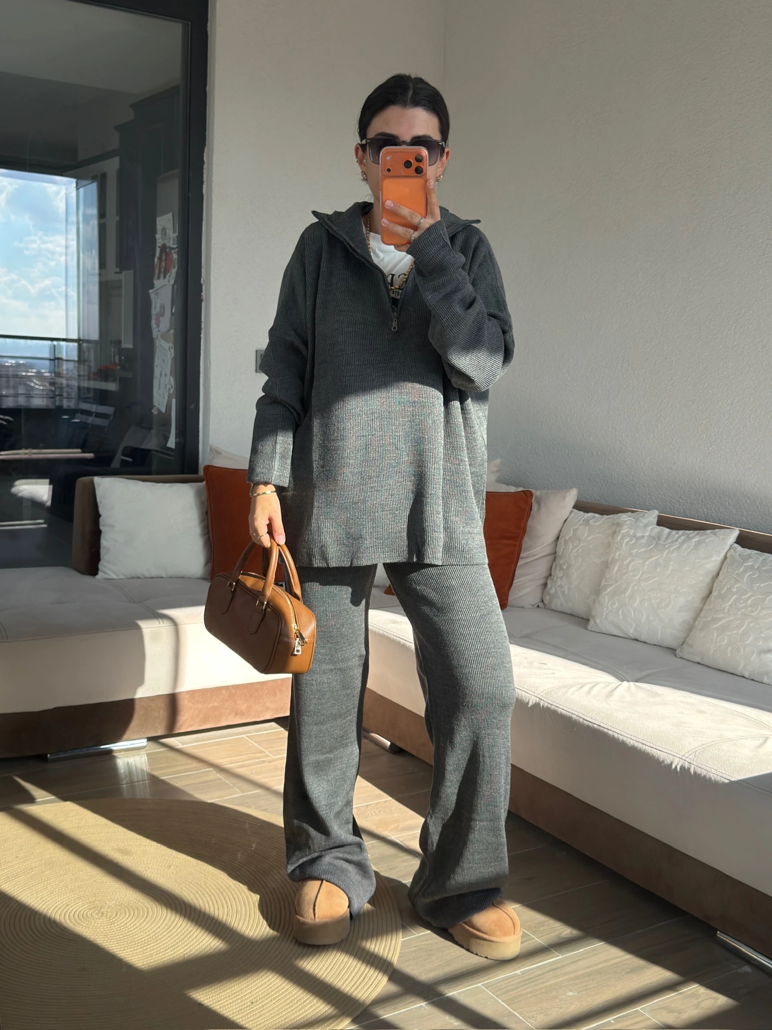 Premium Yakası Fermuarlı Antrasit Triko Takım