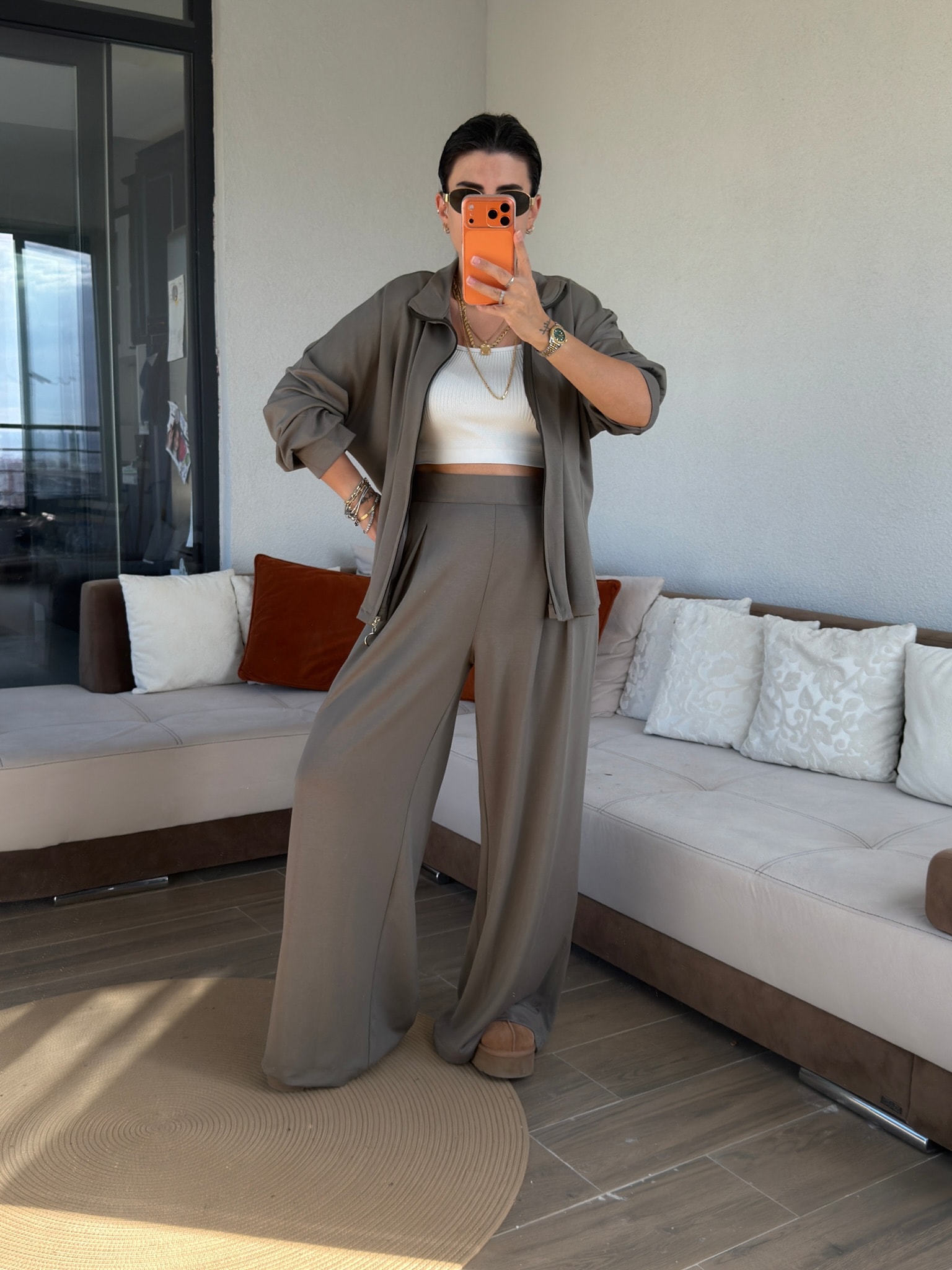 Premium Belden Pileli Haki Modal Takım
