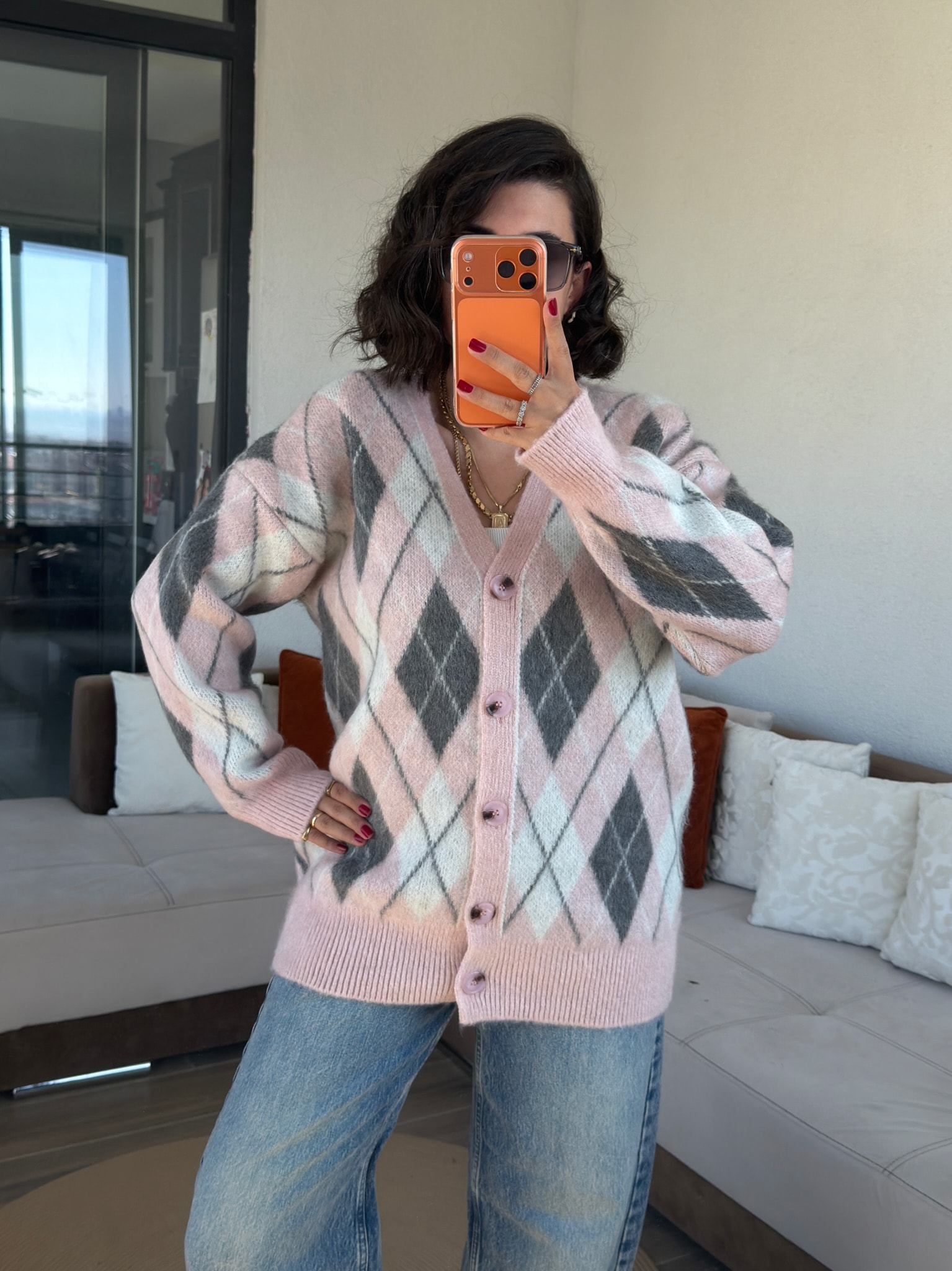 MS Pembe Gri Baklava Desenli Hırka