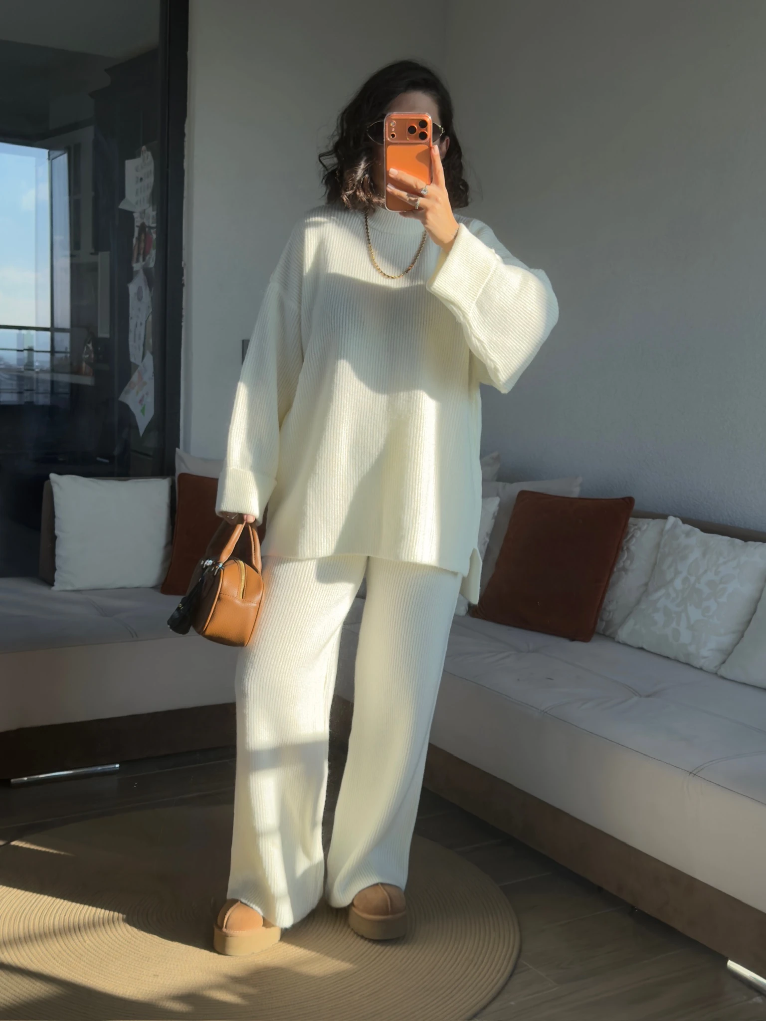 Premium Bisiklet Yaka Ekru Fitilli Triko Takım