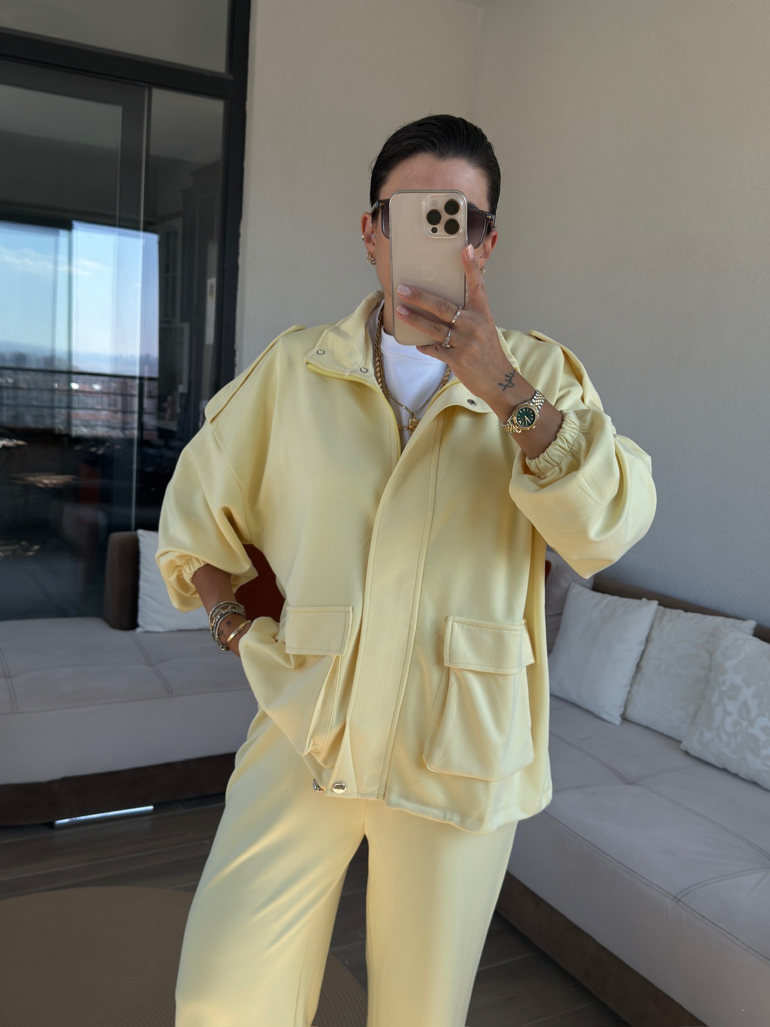 Premium Bomber Ceketli Sarı Model Takım