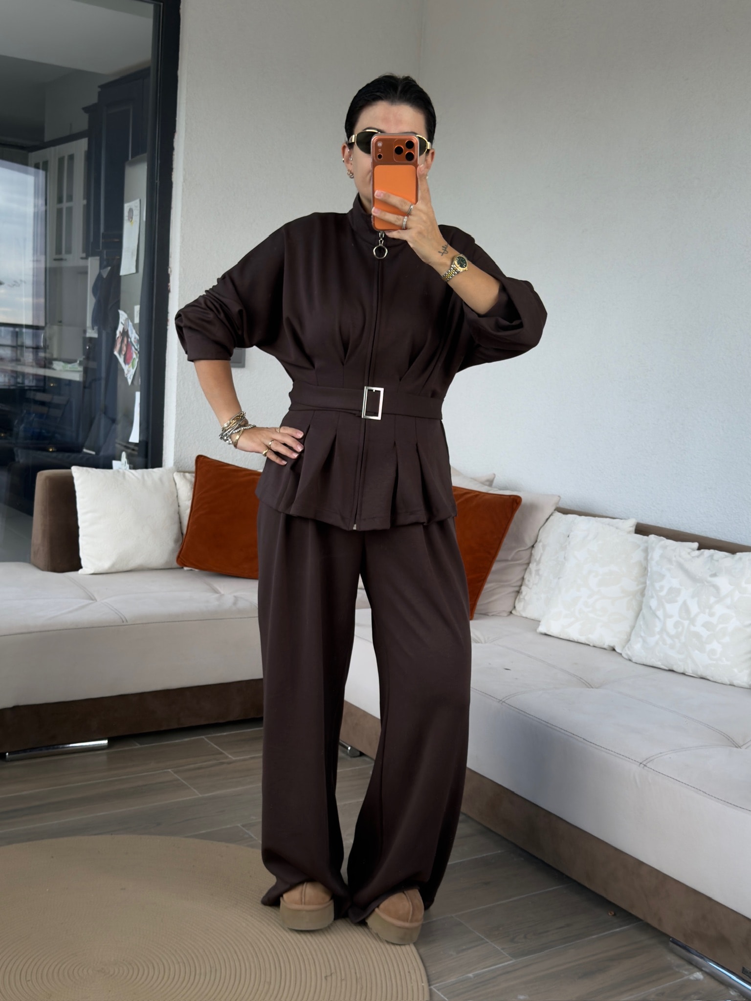 Premium Belden Pileli Acıkahve Model Takım
