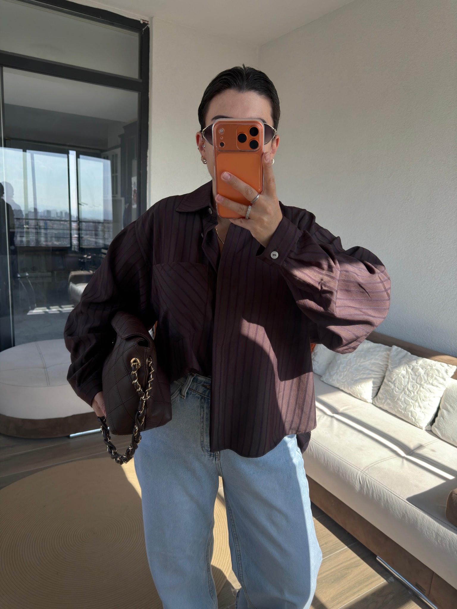 Premium Kahve Mavi Balıksırtı Çizgili Gömlek