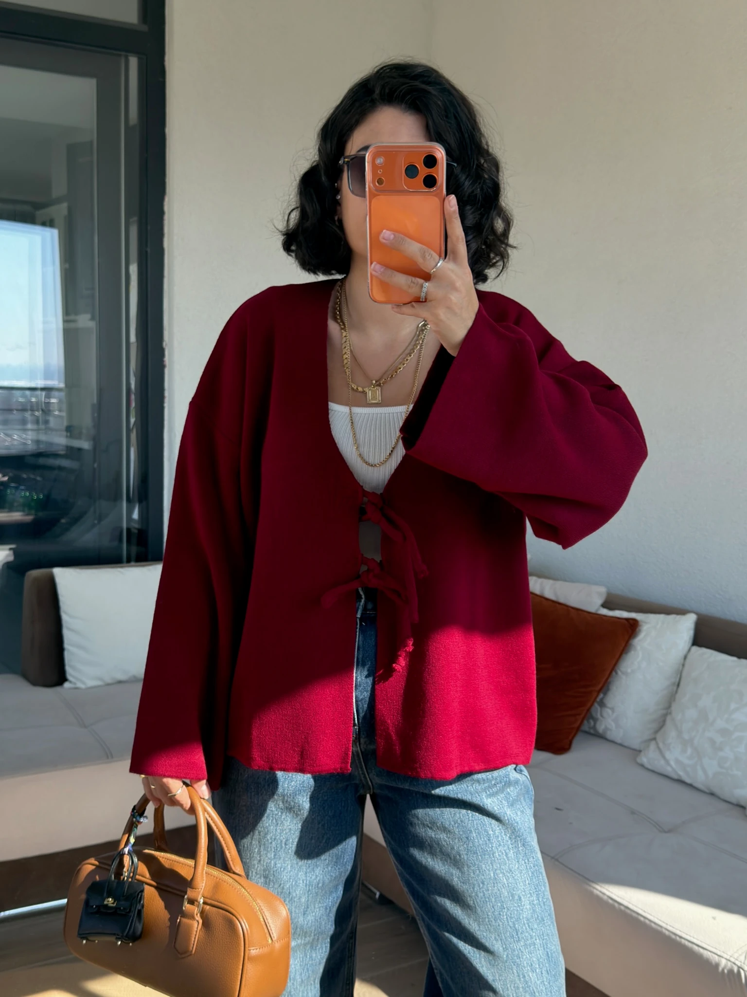 Önden Bağlamalı Bordo Triko Hırka