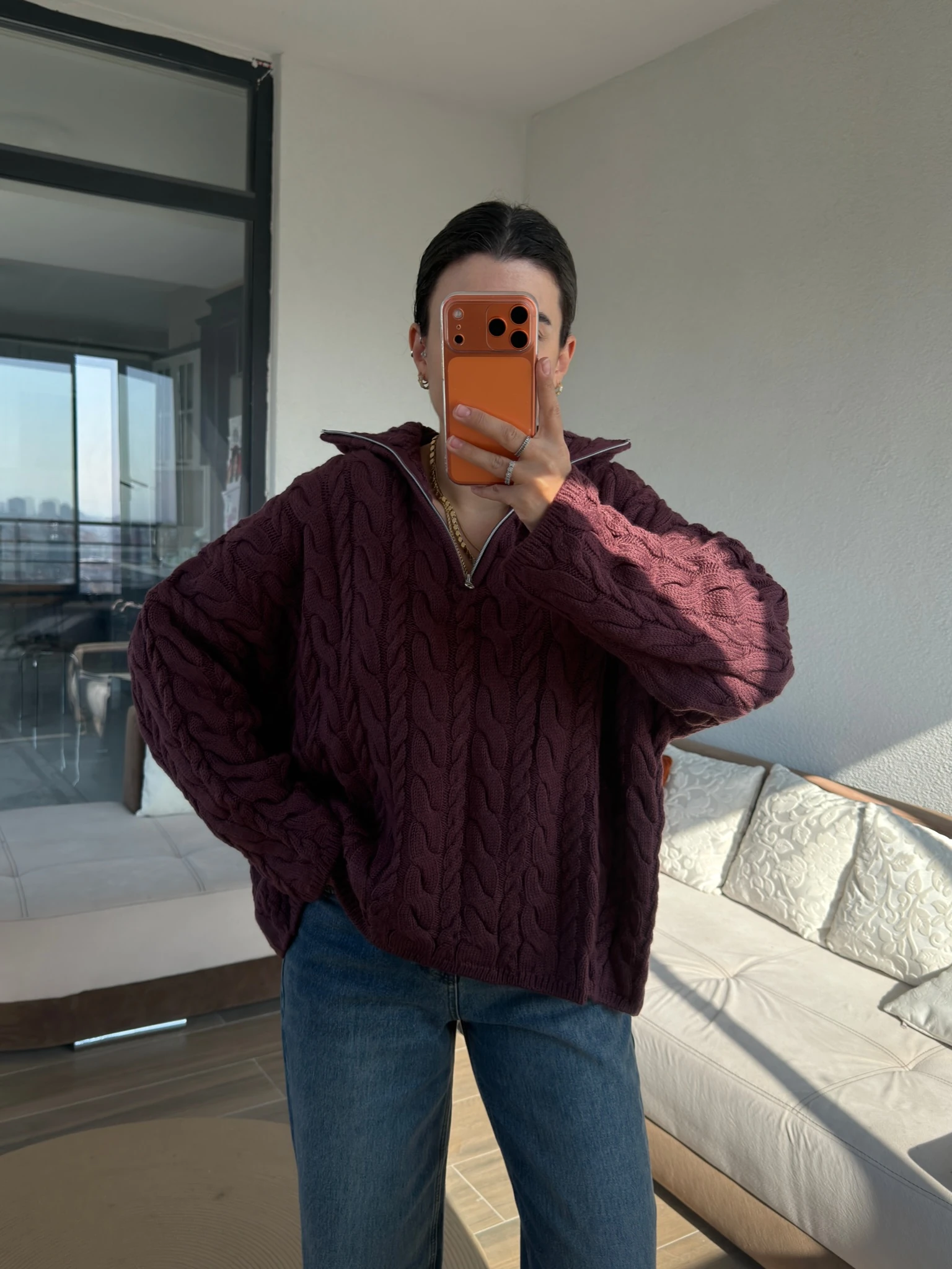 Premium Mürdüm Saç Örgüsü Kazak