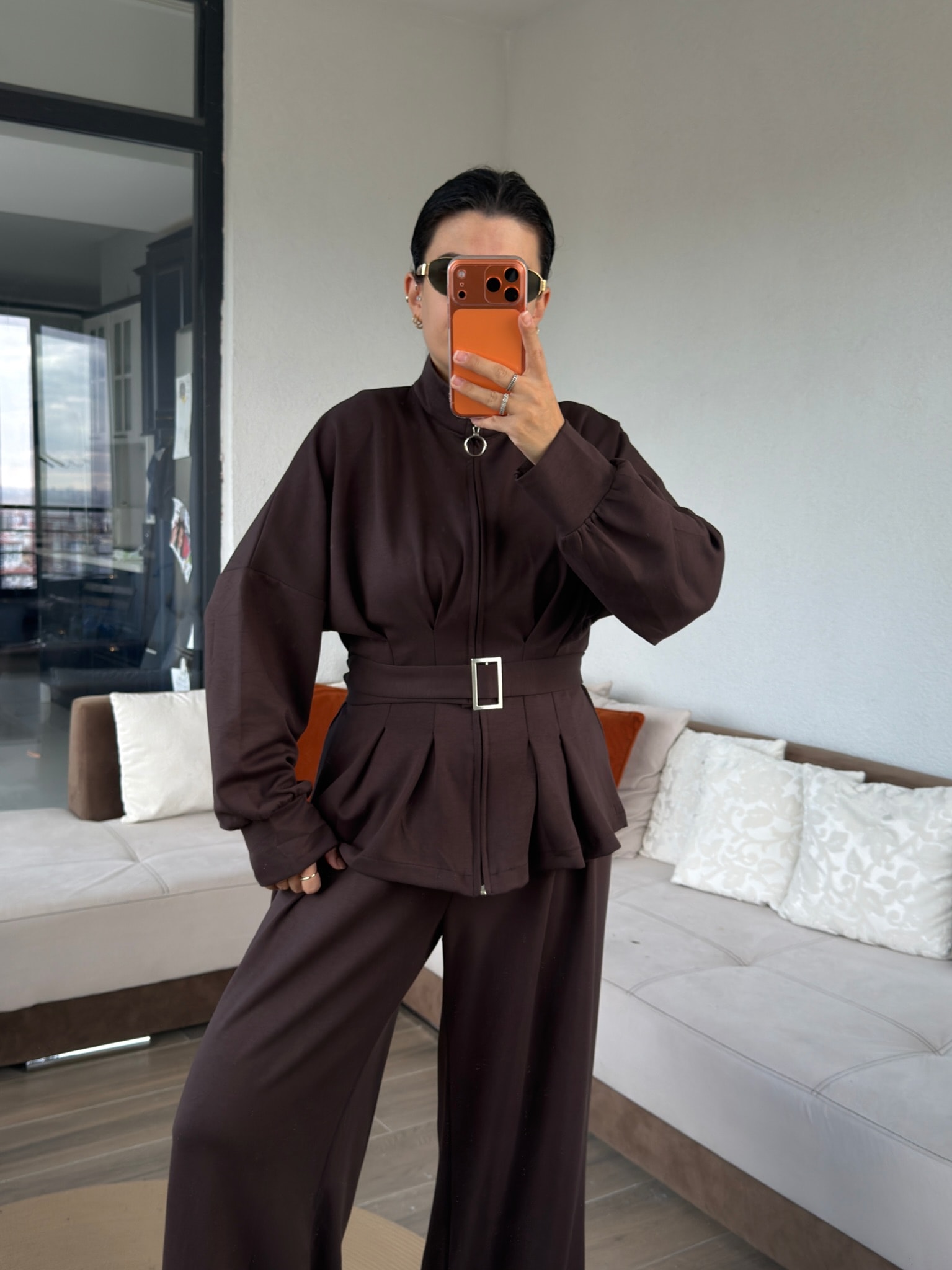 Premium Belden Pileli Acıkahve Model Takım