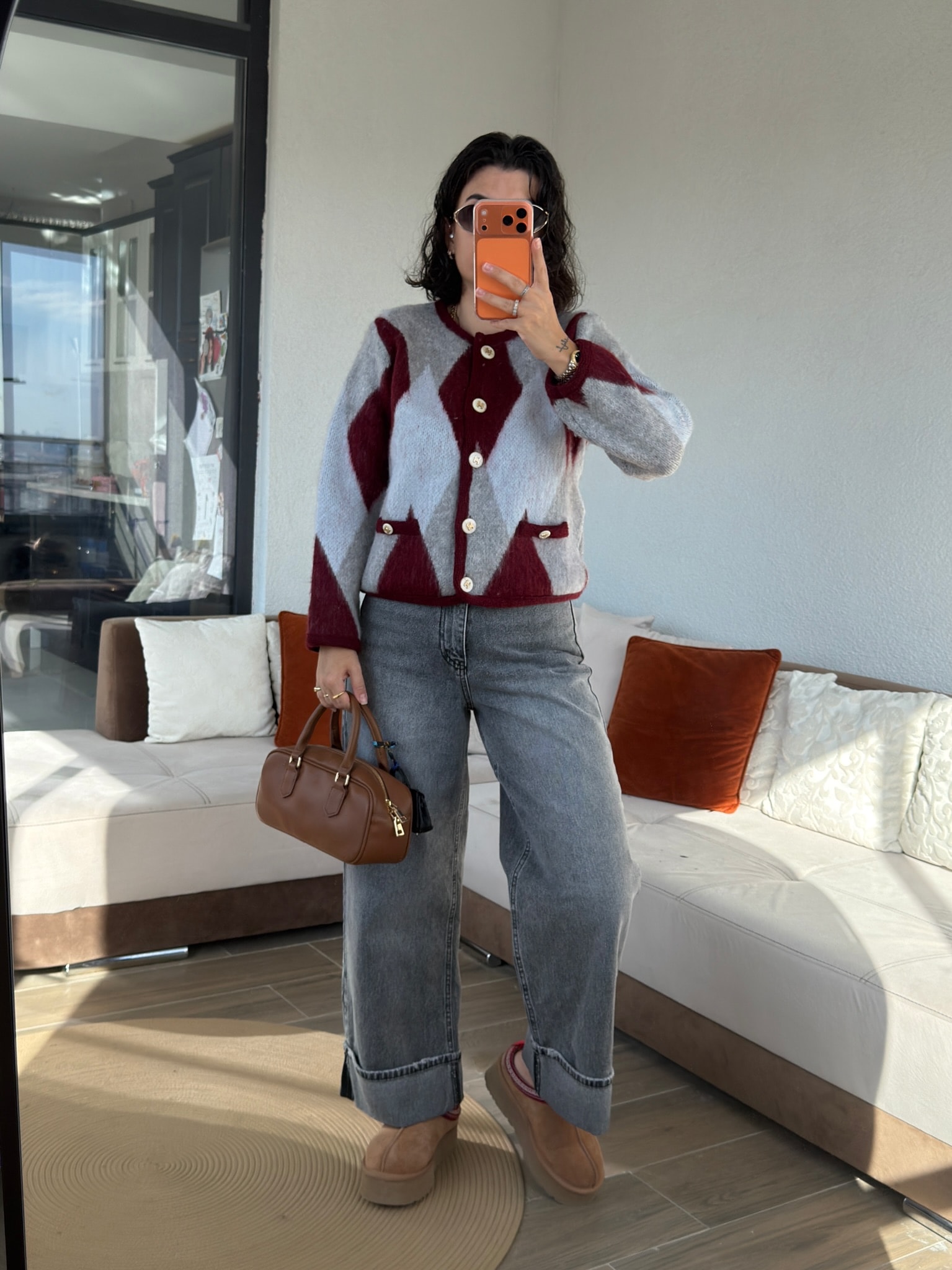 Premium Bordo Gri Baklava Hırka