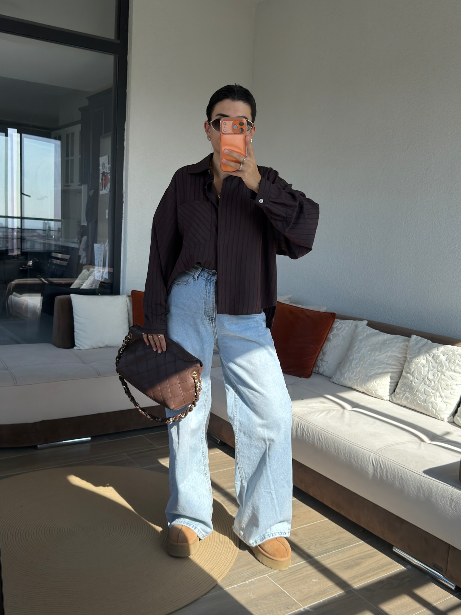 Premium Kahve Mavi Balıksırtı Çizgili Gömlek