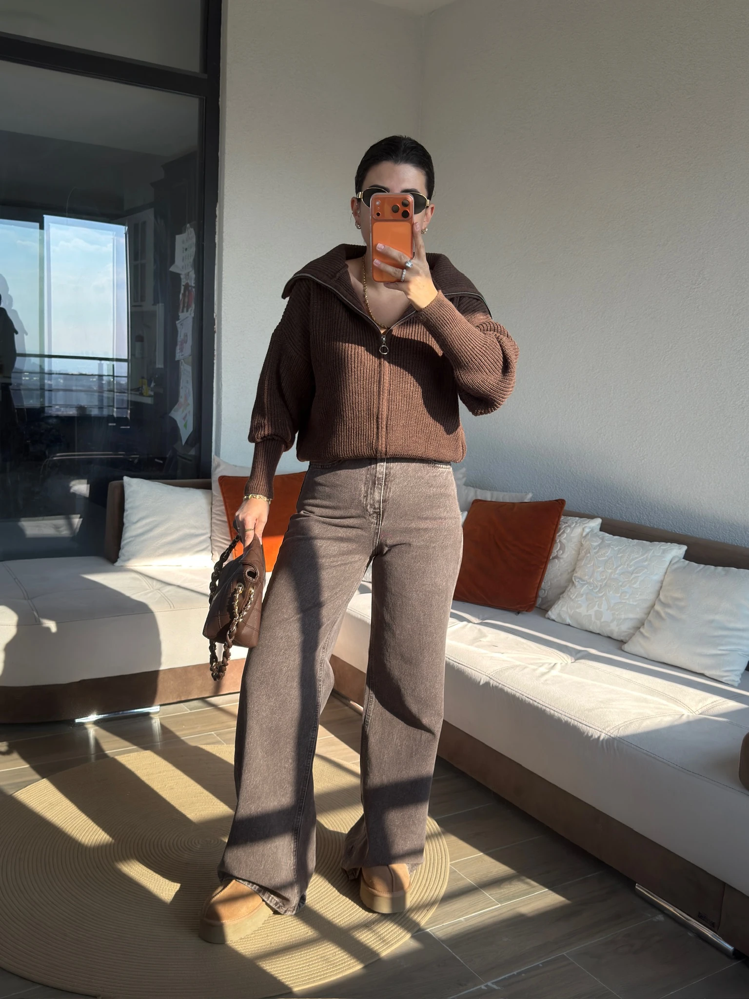 Premium Yakası Fermuarlı Acıkahve Hırka