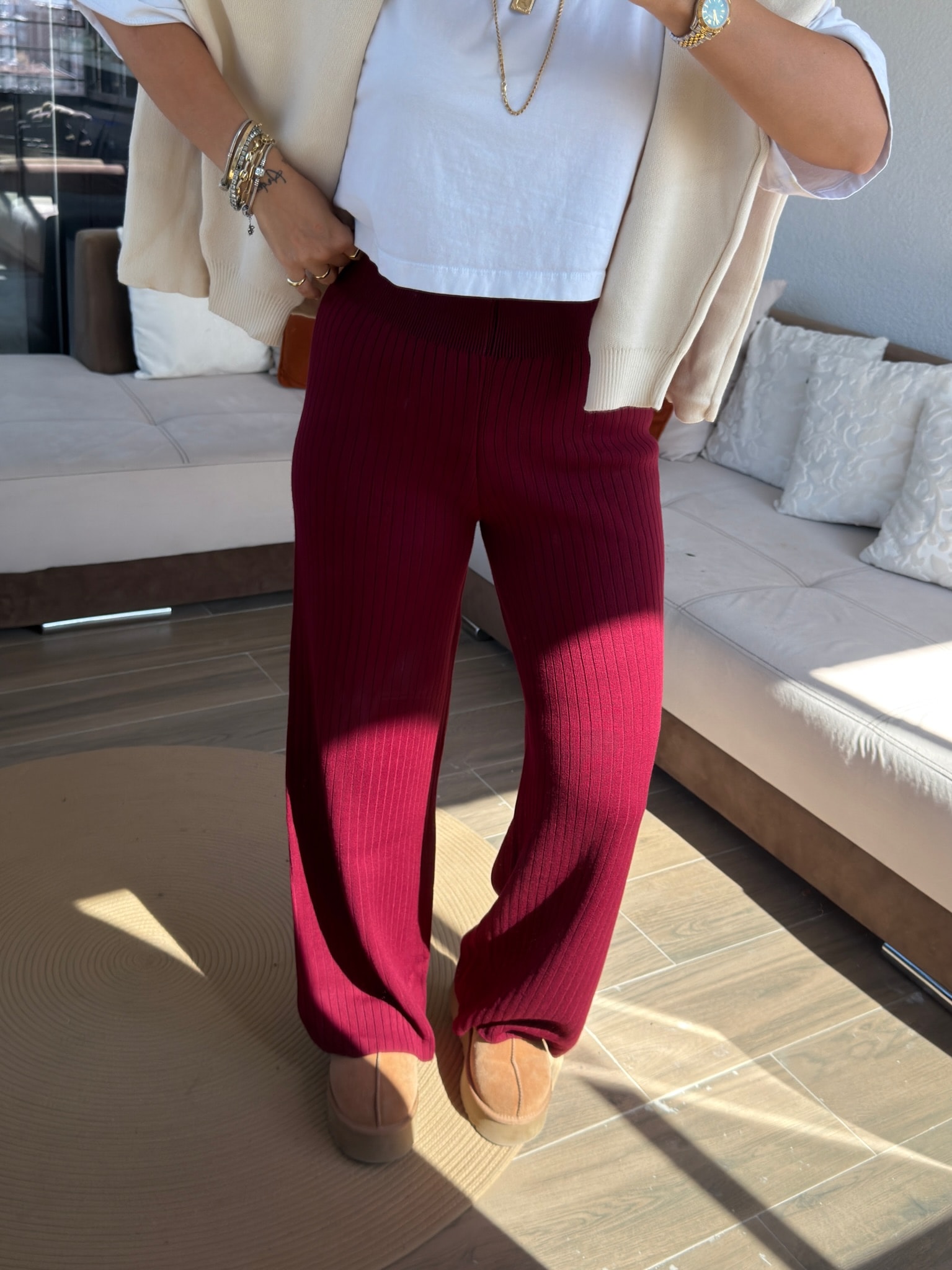 Bordo Fitilli Triko Pantolon