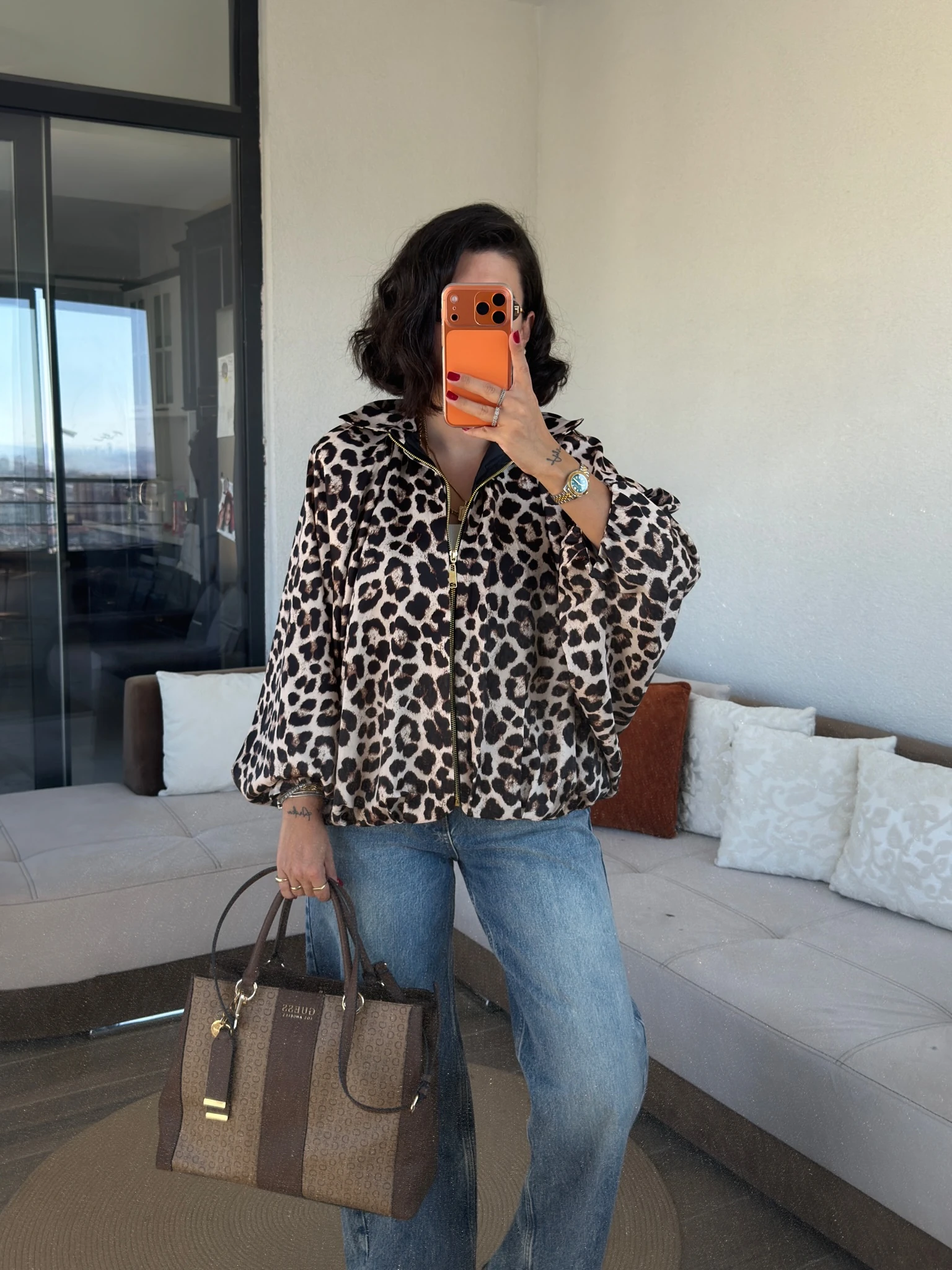 Premium Saten Leopar Bomber Ceket