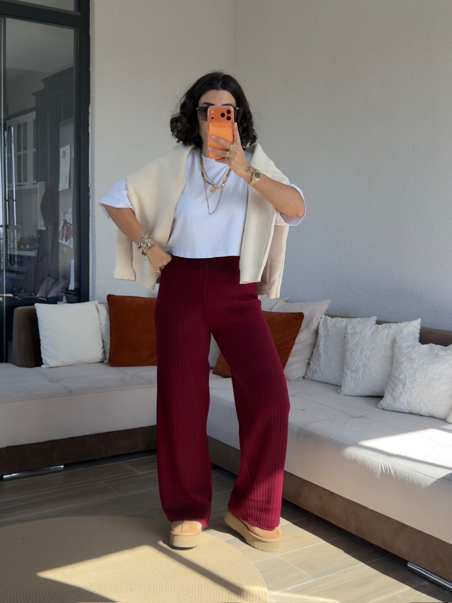 Bordo Fitilli Triko Pantolon