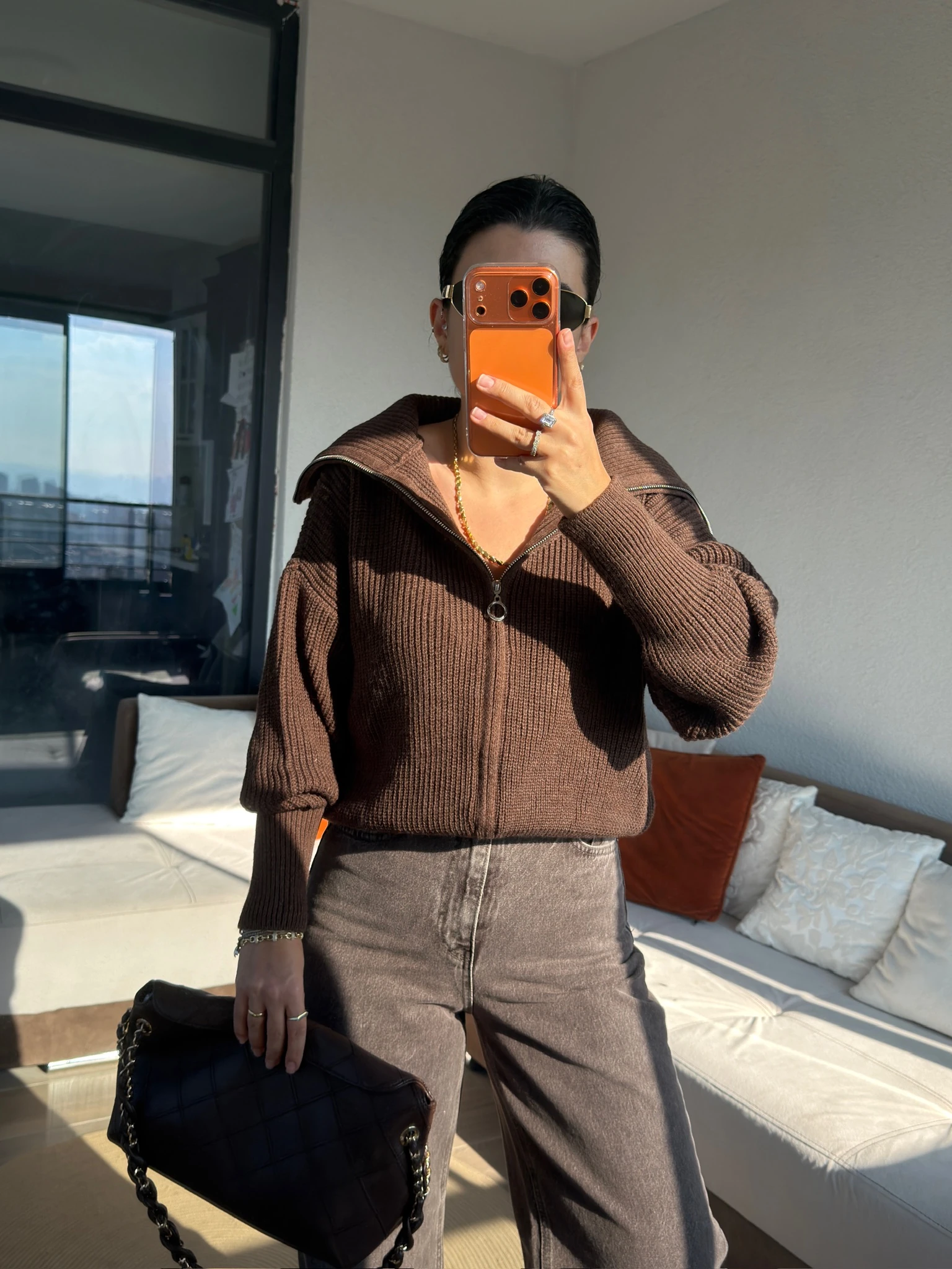 Premium Yakası Fermuarlı Acıkahve Hırka