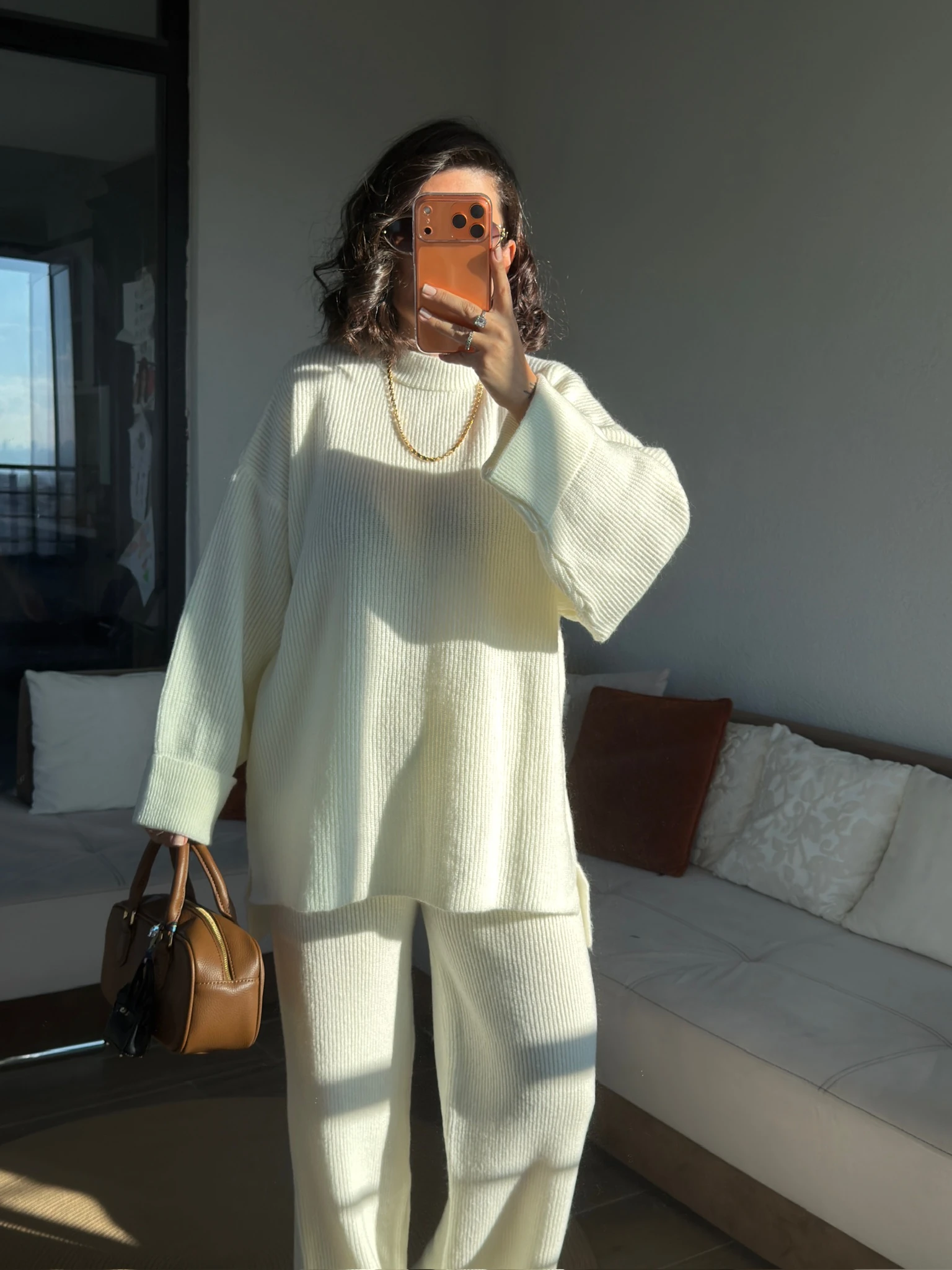 Premium Bisiklet Yaka Ekru Fitilli Triko Takım