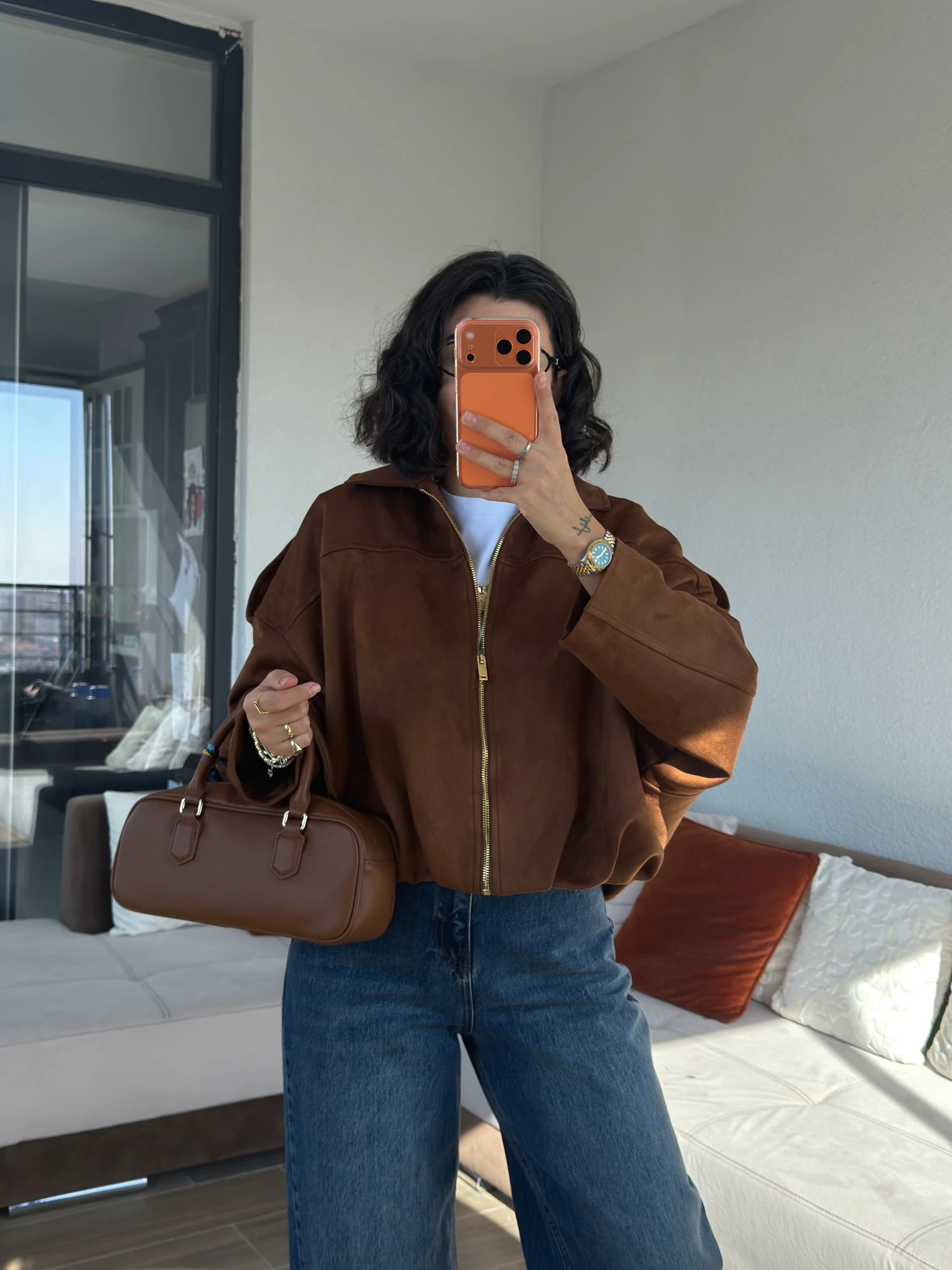 Premium Taba Süet Bomber Ceket