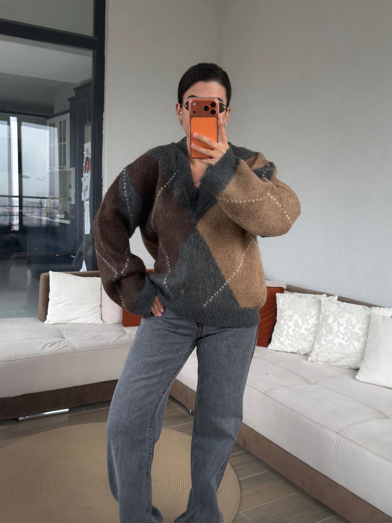 Premium Kahve Gri Baklavalı Kazak