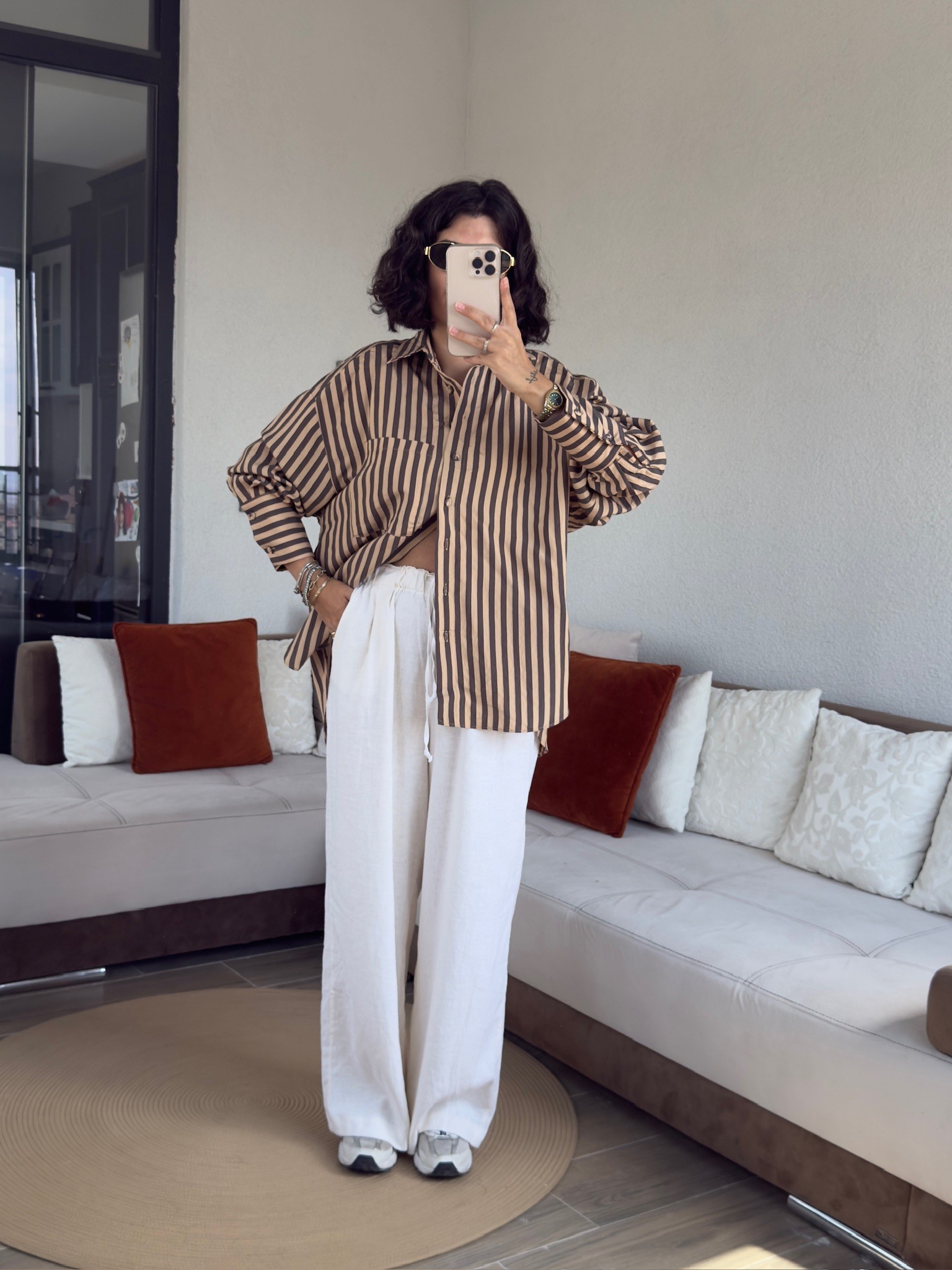 Premium Kahve-Bej Çizgili Gömlek - STANDART