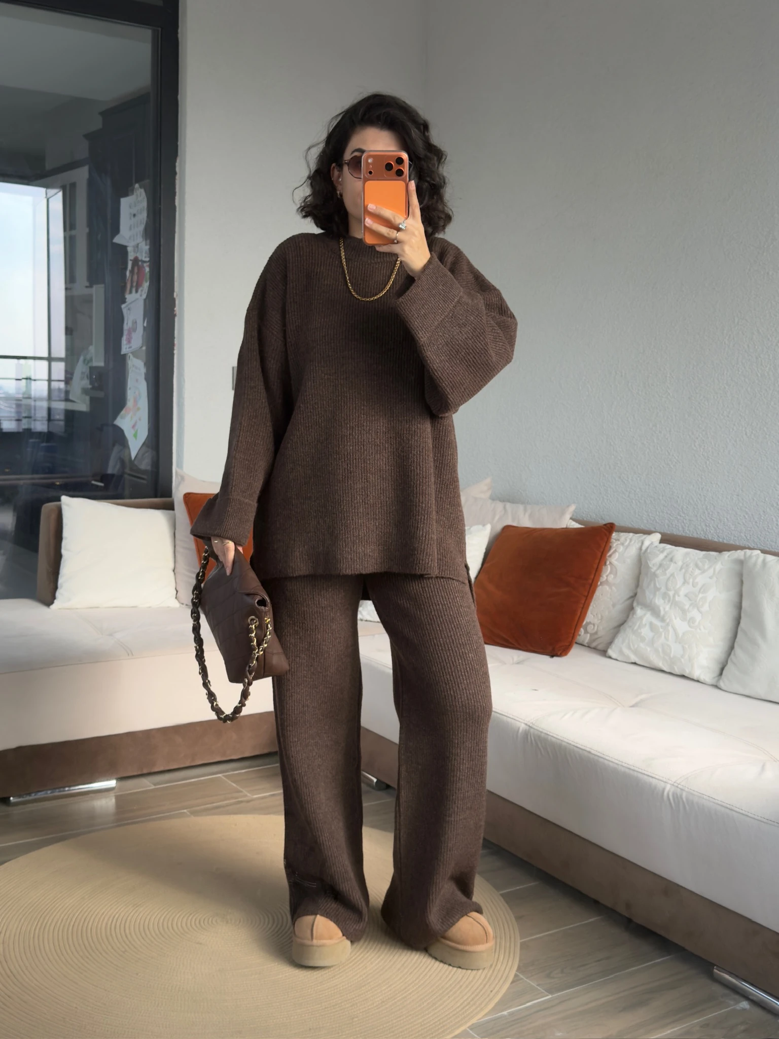 Premium Bisiklet Yaka Acıkahve Fitilli Triko Takım