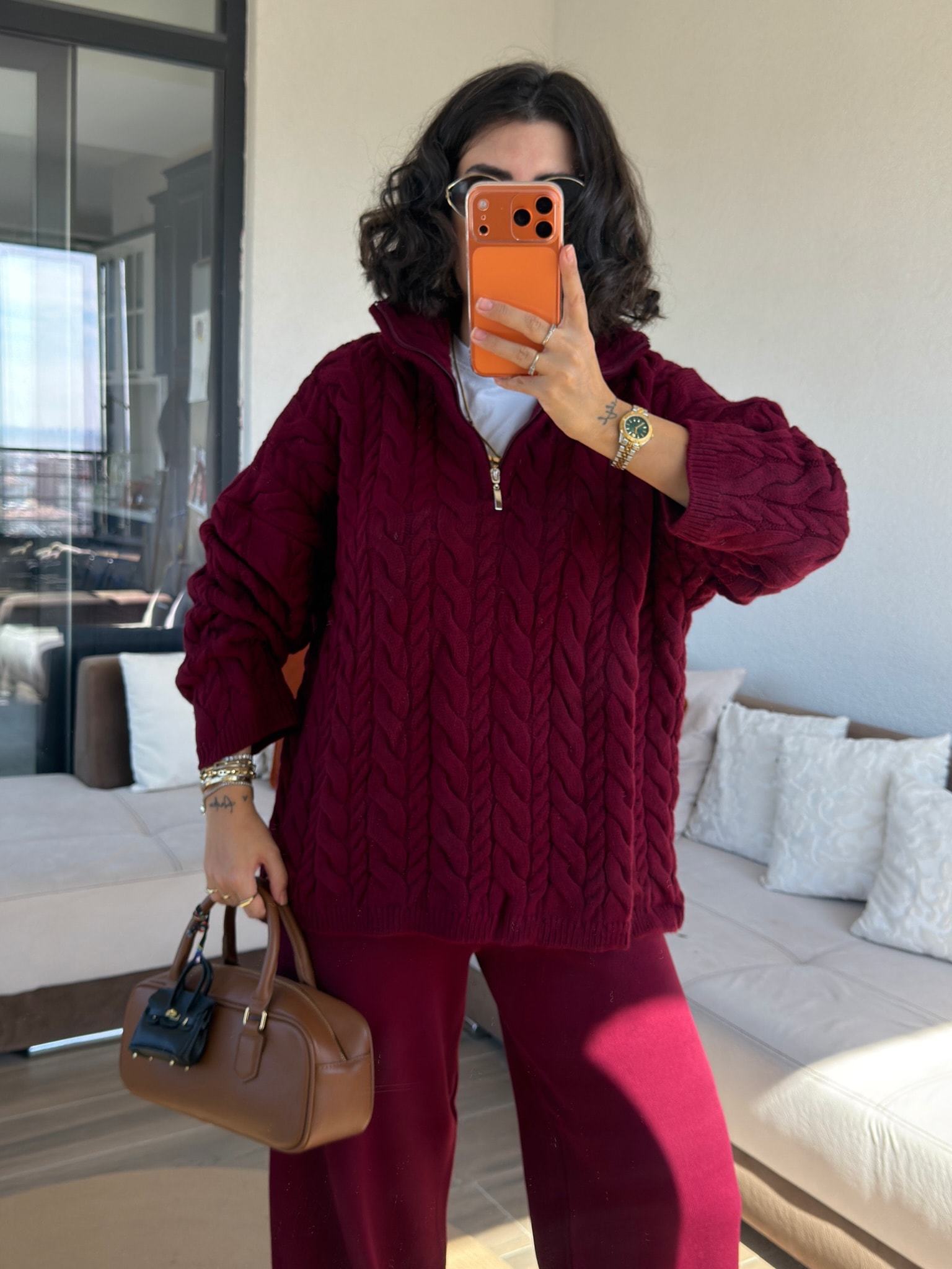 Premium Bordo Saç Örgüsü Kazak
