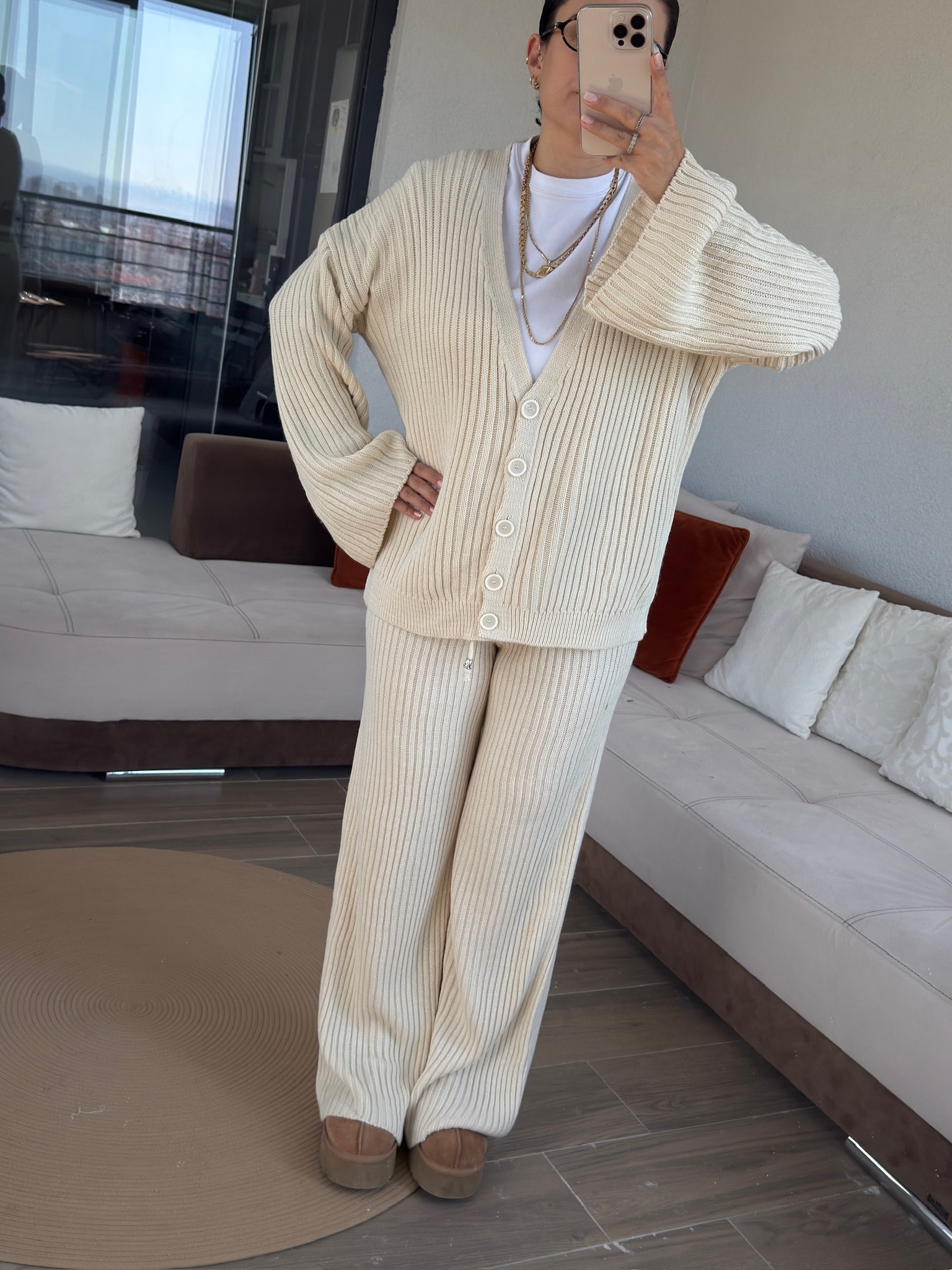 Fitilli Ekru Hırka Triko Takım