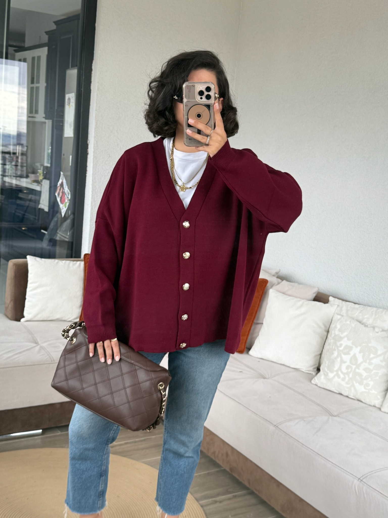 Ms Model Bordo Düğmeli Triko Hırka