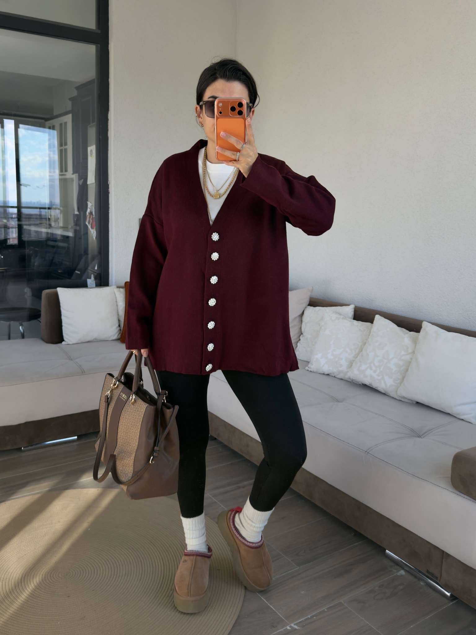 Ms Model Çiçek Düğmeli Bordo Triko Hırka