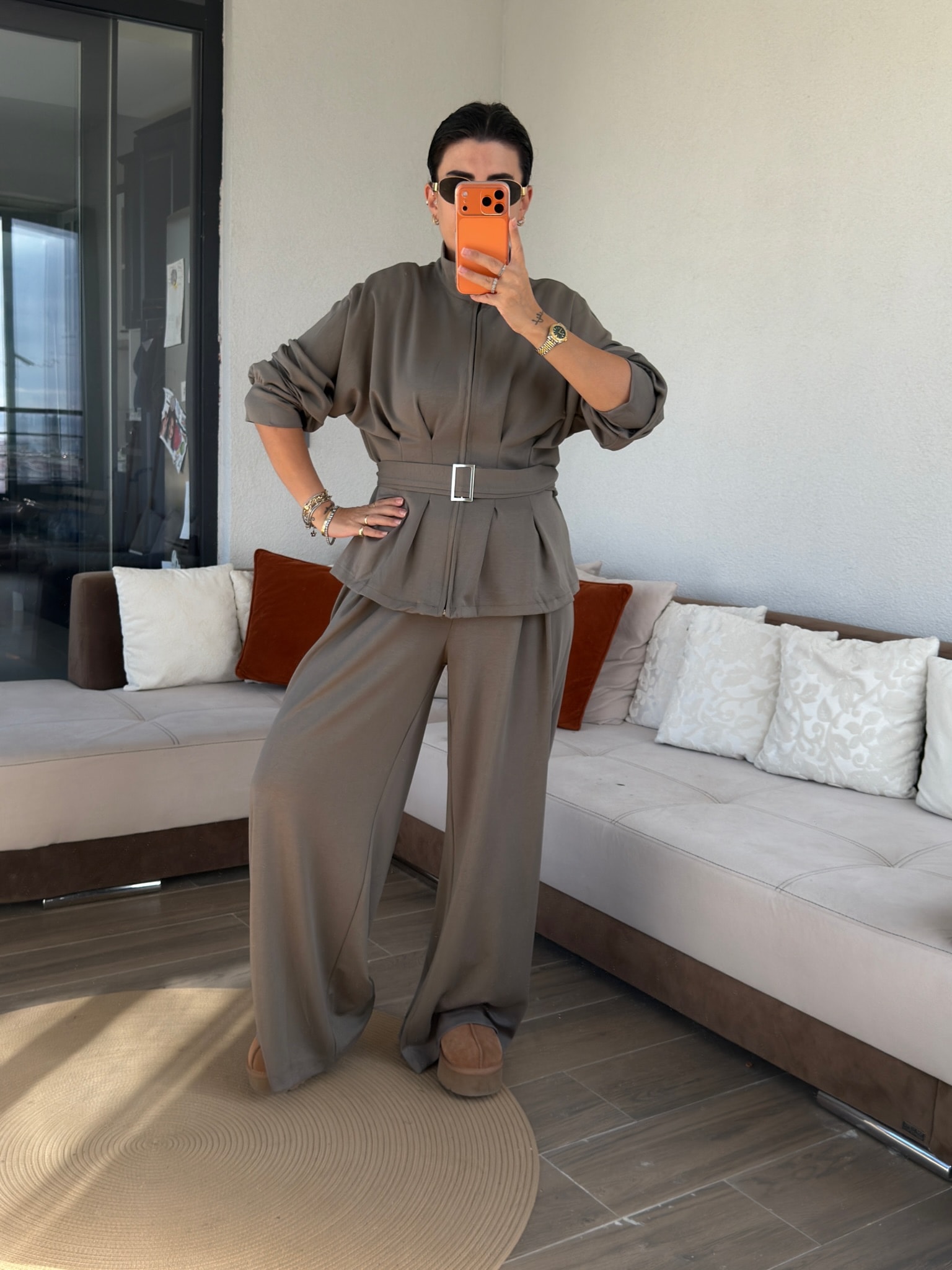 Premium Belden Pileli Haki Modal Takım