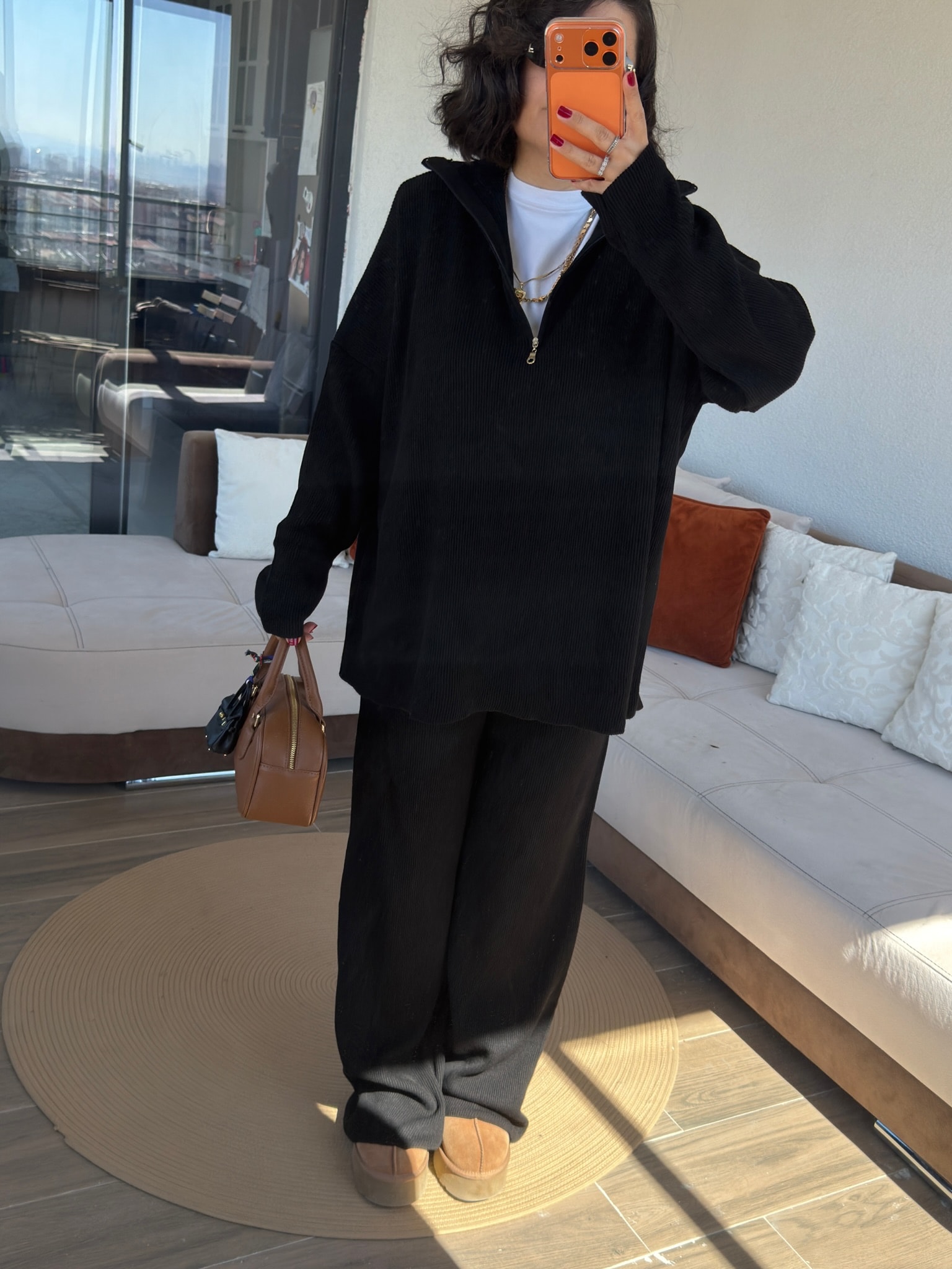 Premium Yakası Fermuarlı Siyah Fitilli Takım