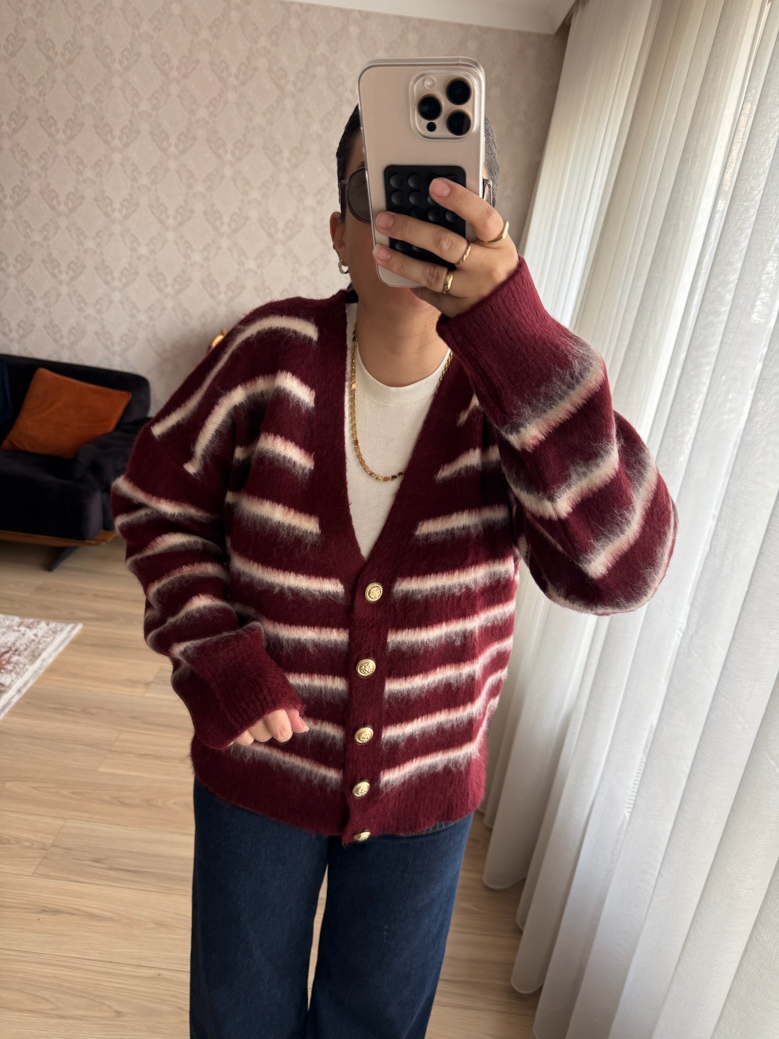 Bordo Çizgili Gold Düğmeli Hırka