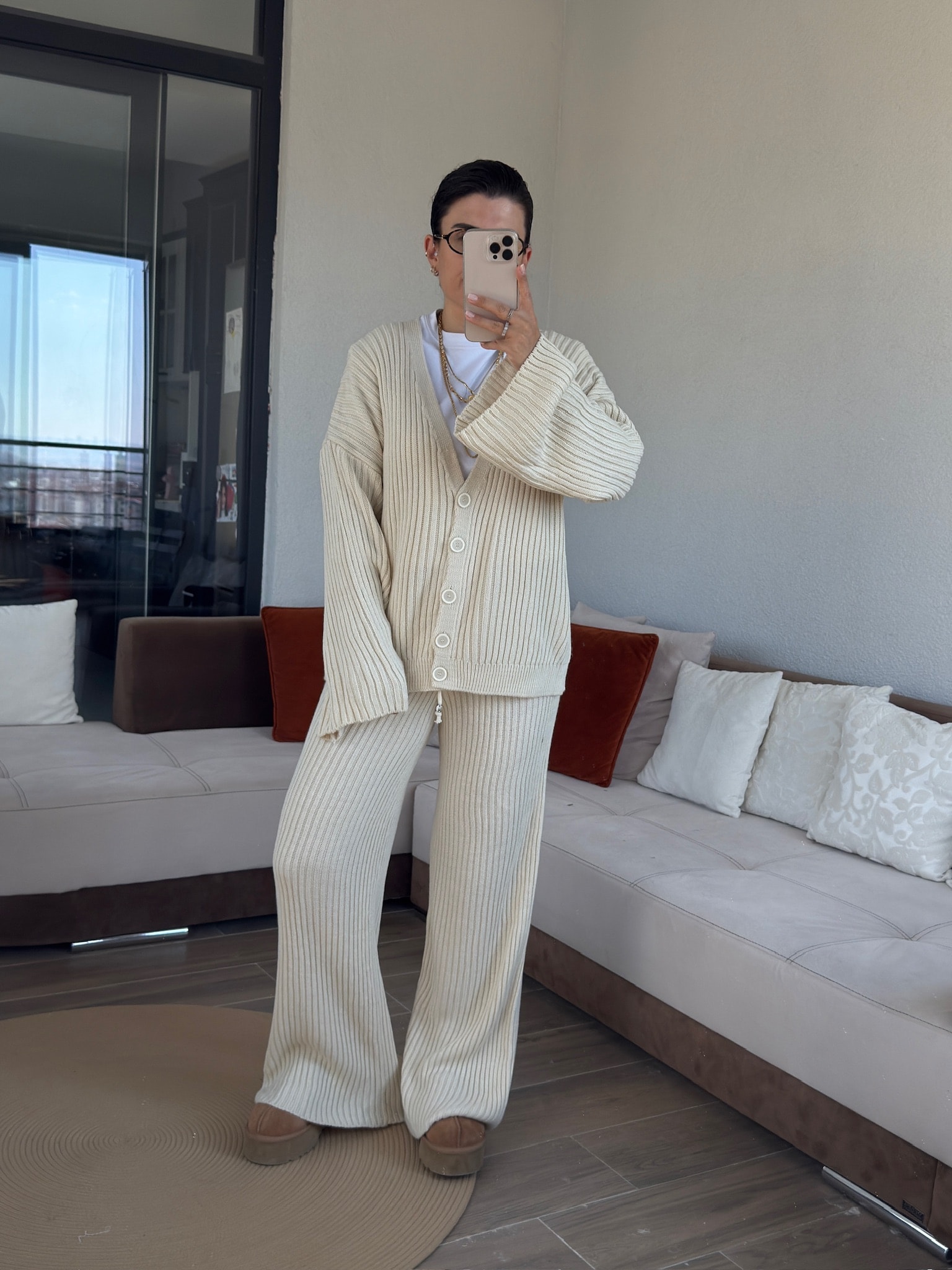 Fitilli Ekru Hırka Triko Takım