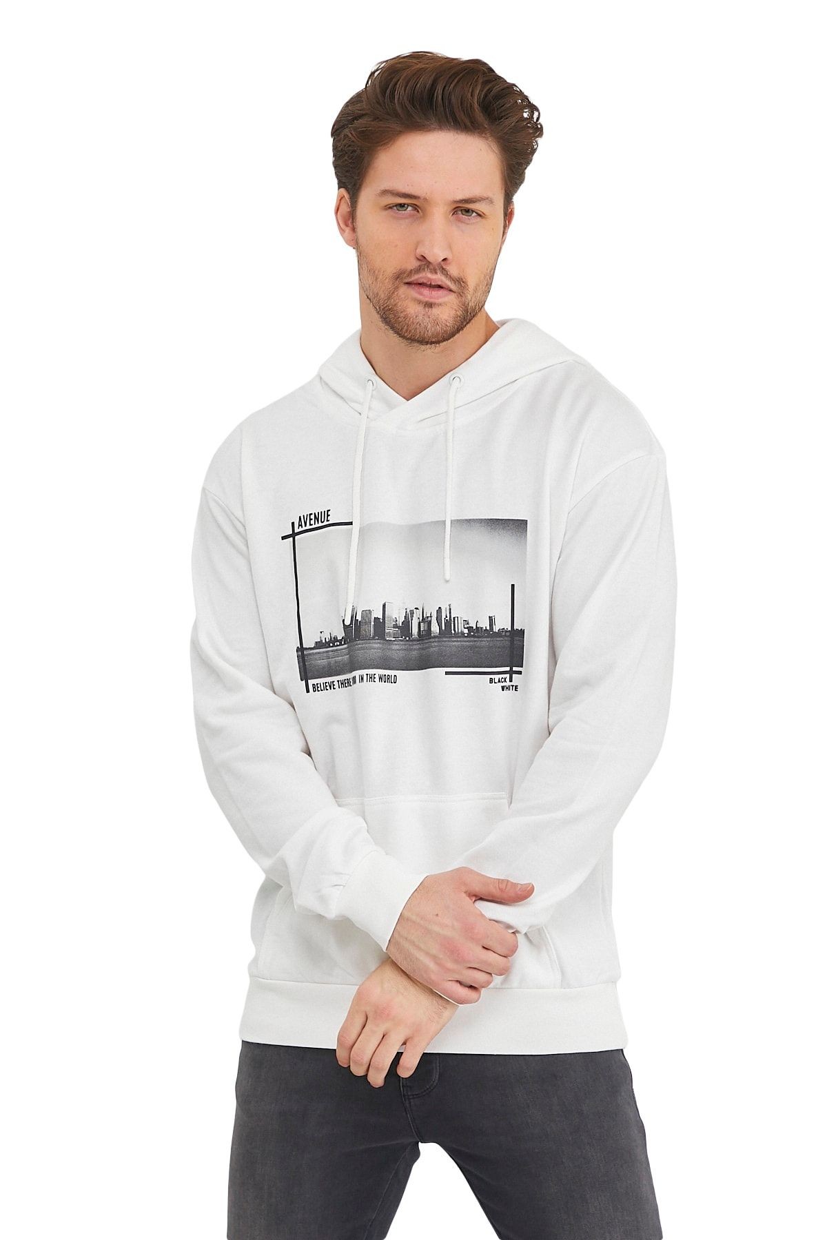 Kanguru Cepli Newyork Baskılı Kapüşonlu Sweatshirt