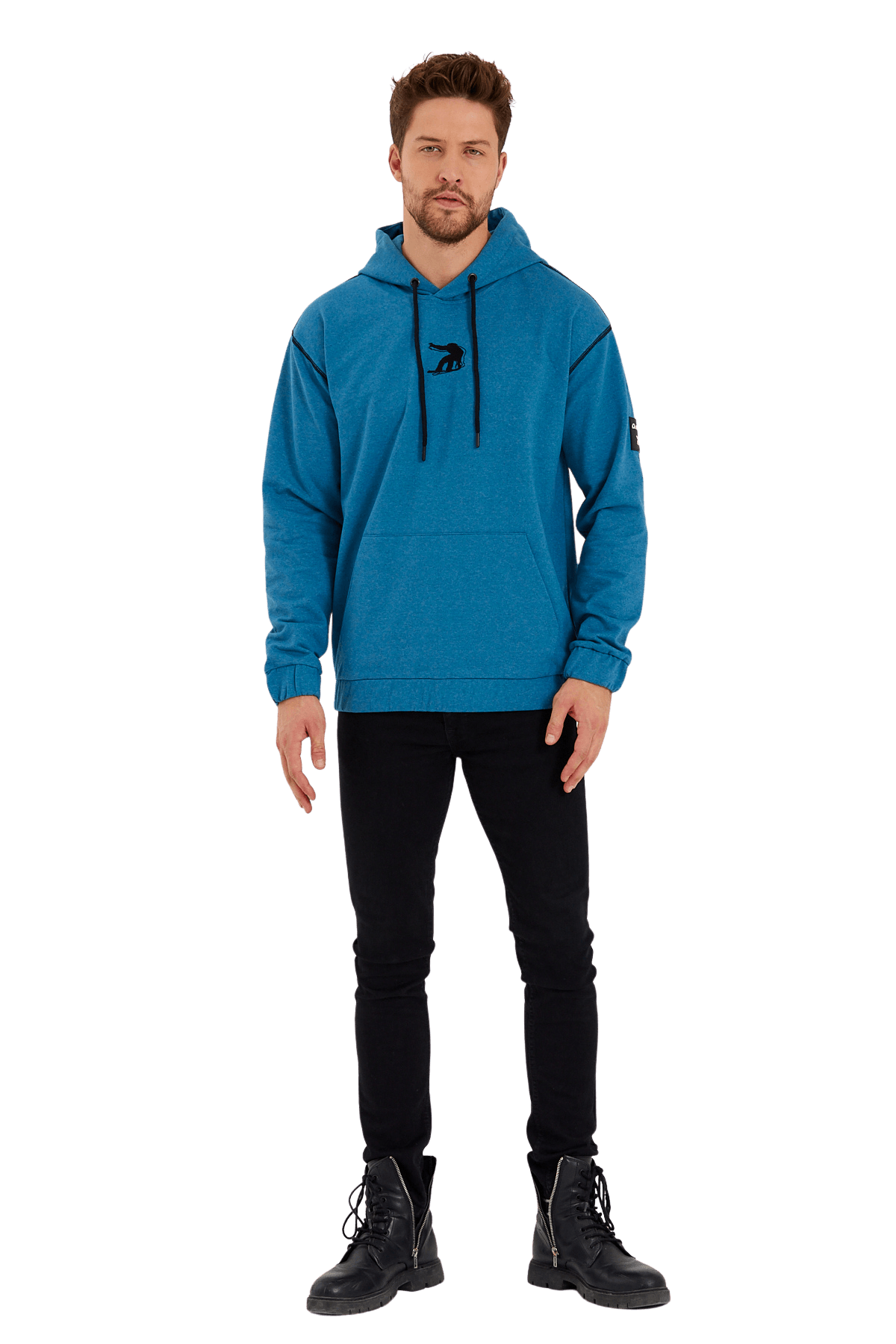 Snowboard Nakış Logo Baskılı Petrol Mavi Uzun Kollu Kapüşonlu Sweatshirt